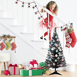 4ft Lighted Artificial Black Christmas Tree, Not Pre-lit Black Tinsel Pine Trees with Lights, Ideal for Ideal for Home, Office, and Xmas Party Dcor - Includes Stand