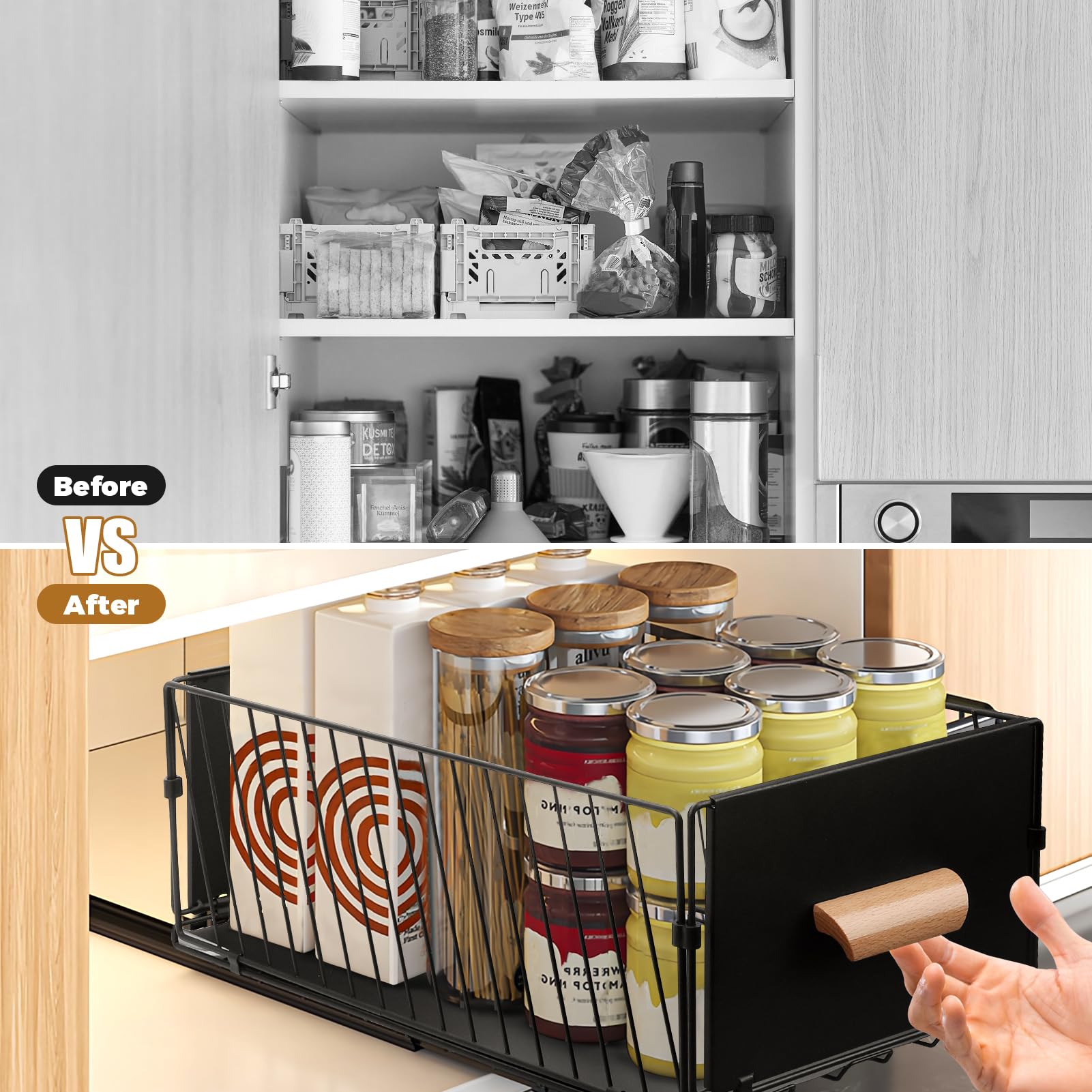 Organizer do szuflady teleskopowej, zestaw 2 sztuk, wysuwana szuflada kuchenna, bez wiercenia, 40T x 24 szer. x 17 wys. cm, stal węglowa z cichymi ślizgaczami