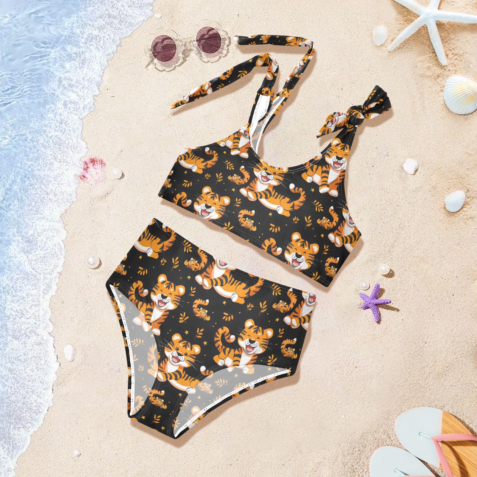 Cartoon Tiger Animal Girls Two Piece Tankini Swimsuits Summer Bathing Suit Beach Swimwear Set, 11-12T Multicoloured