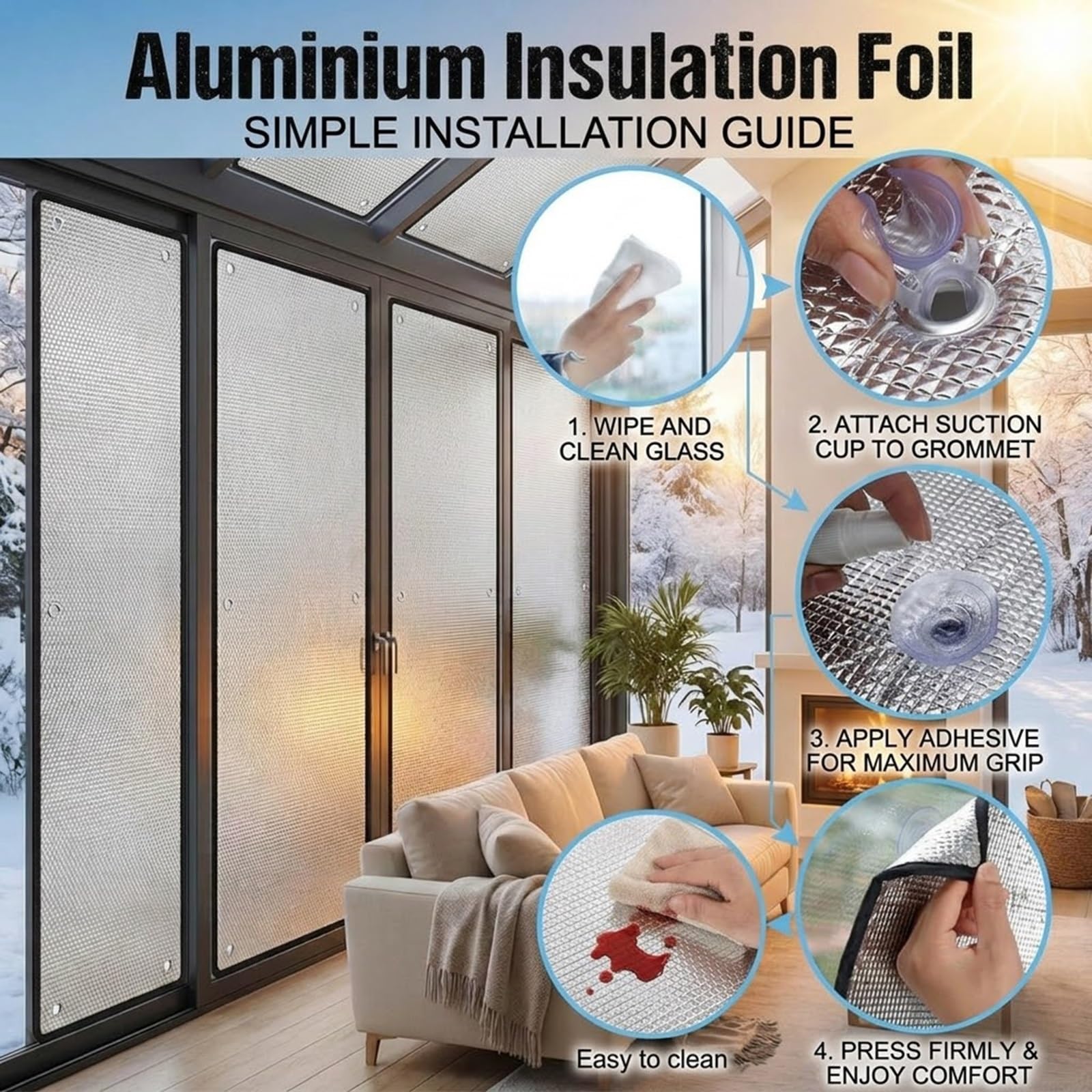 Hitzeschutzfolie Fensterfoli, Aluminiumfolie UV Wärmeschutzfolie Mit Saugnapf Sonnenschutzfolie Fenster Innen Oder Außen(140x170cm)