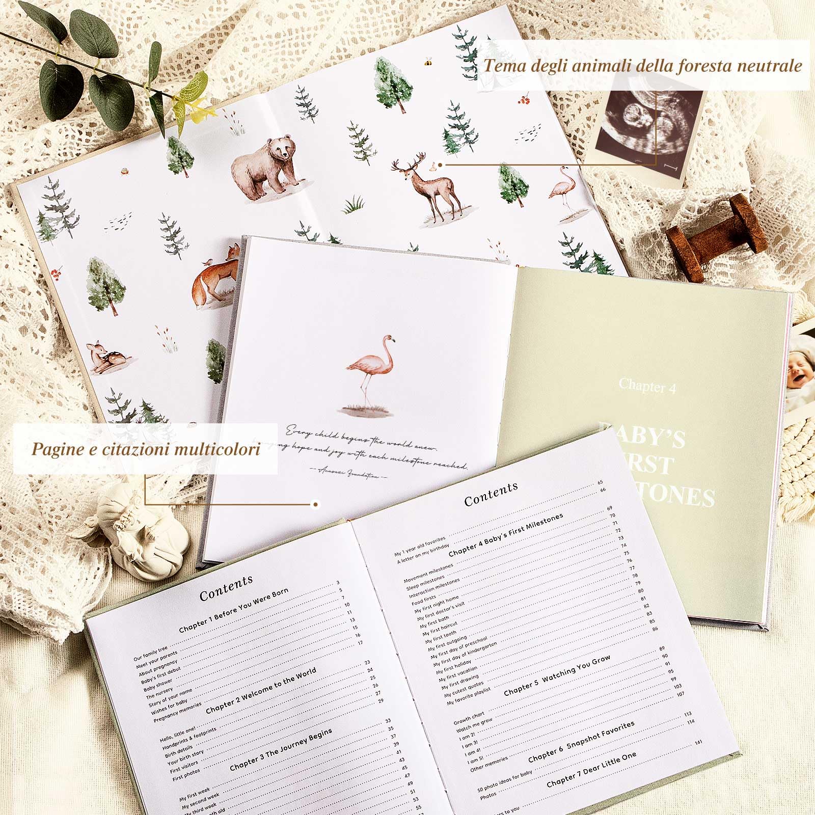 Lanpn Album Nascita Bambino e Bambina, Libro dei Ricordi Neonato per Primo Anno a 5 Anni, Albums Fotografico Neonato per Incollare Foto e Scritte, Diario Regalo Bimbo (Beige, 154 Pagine, Inglese)