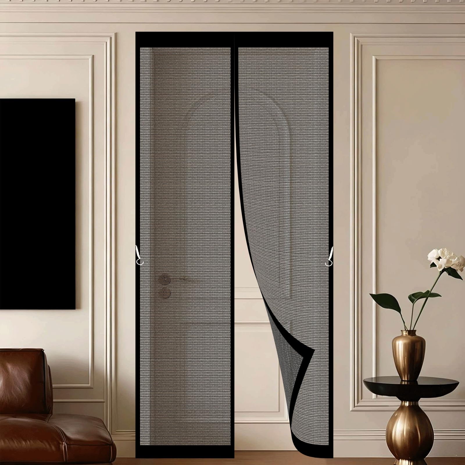 Pshzhim Black Fly Screen For Doors 120 X 220 Cm Self-Sealing Mesh Powerful Magnets And Adhesive Strips, Hands-Free Closing Magnetic Fly Screen Doors For Outdoor, Gym, Sun House Porch,