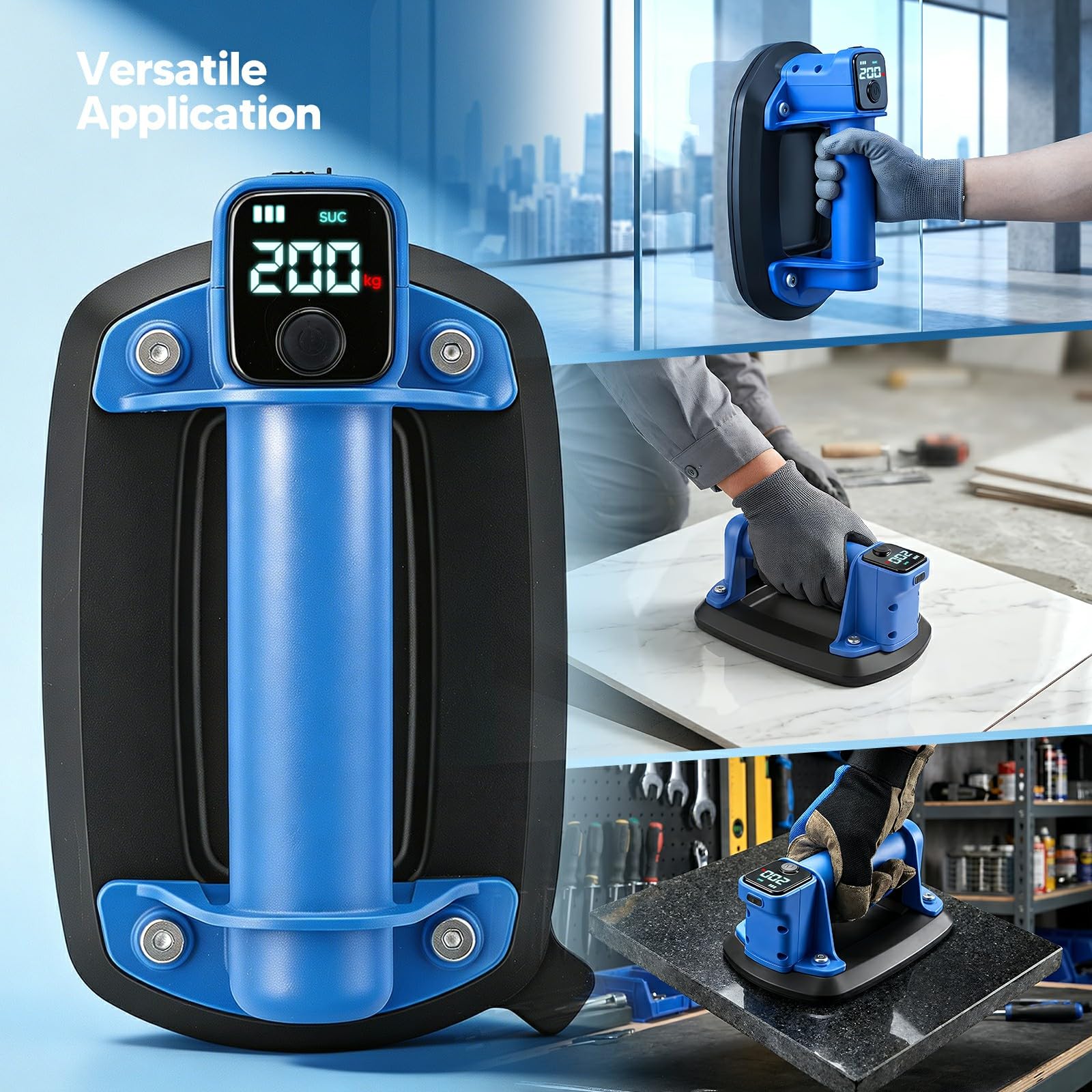 Akku Vakuum Saugheber, Elektrischer Saugnapf Vakuumheber mit bürstenlosem Motor & LCD-Anzeige, Auto Nachsaugfunktion, Glassauger Akku Saugheber fliesen für Fliesen, Glas, Holzplatten, Marmor & Möbel