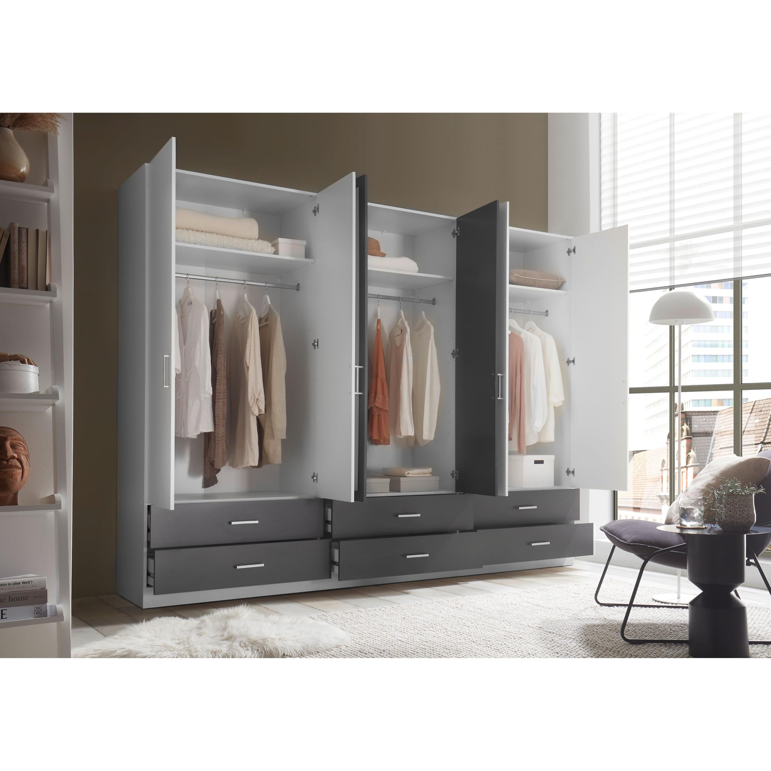 JANNE Kleiderschrank Drehtürenschrank Spiegel Weiß Graphit 272 x 211 x 55cm
