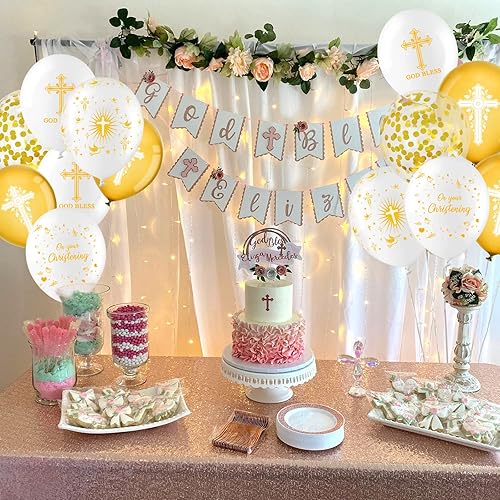 Miniatura 5 de ANTING 50 globos dorados de bautismo, incluyendo globos de cruz y paloma, bautizo para bebés y niñas, decoraciones de comunión
