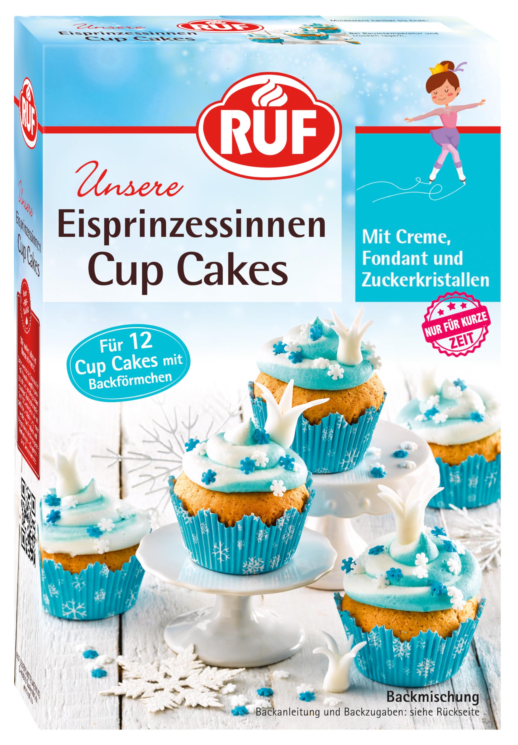 RUF Cupcakes für Eis-Prinzessinnen und Prinzen, mit Torten-Creme in eisblau und schneeweiß, Zucker-Eiskristallen und Fondant für Zuckerkronen, inkl. 12 Backförmchen, 1 x 391g
