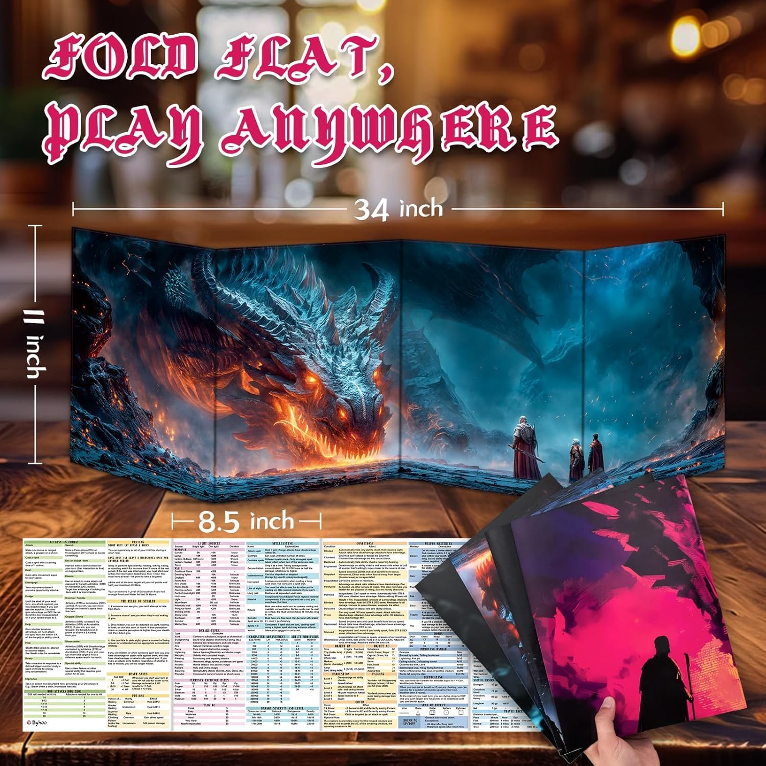 Byhoo DM Lot de 4 paravents pour mondes à thème D&D 5E 4, surface imperméable, pliable en trois parties (A4), compatible avec le manuel de Player's