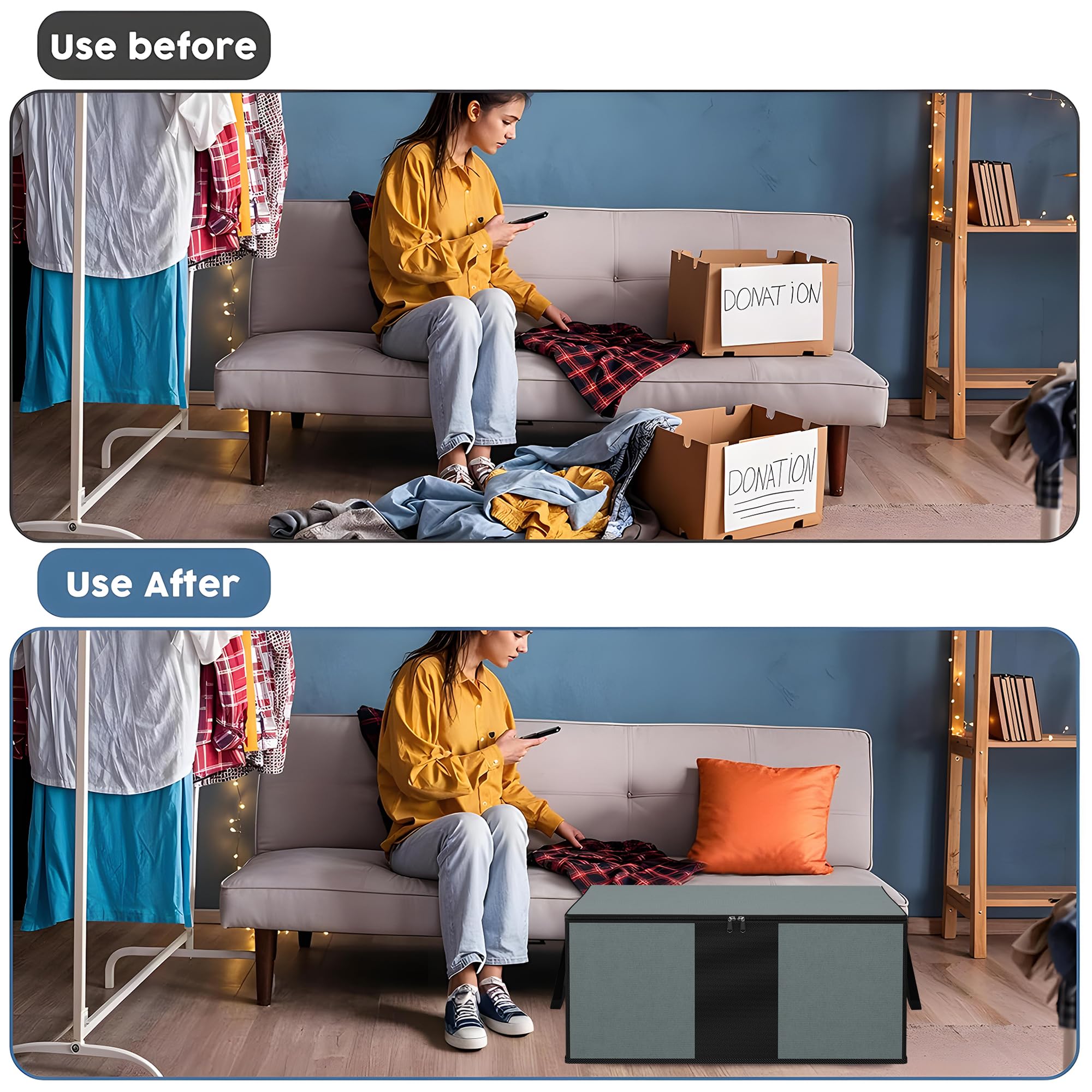 Kuber Industries Unterbett-Aufbewahrungstasche, Schrank-Organizer mit Griff, groß, wasserdicht, faltbare Deckentaschen, Schwarz, Grau, 4 Stück