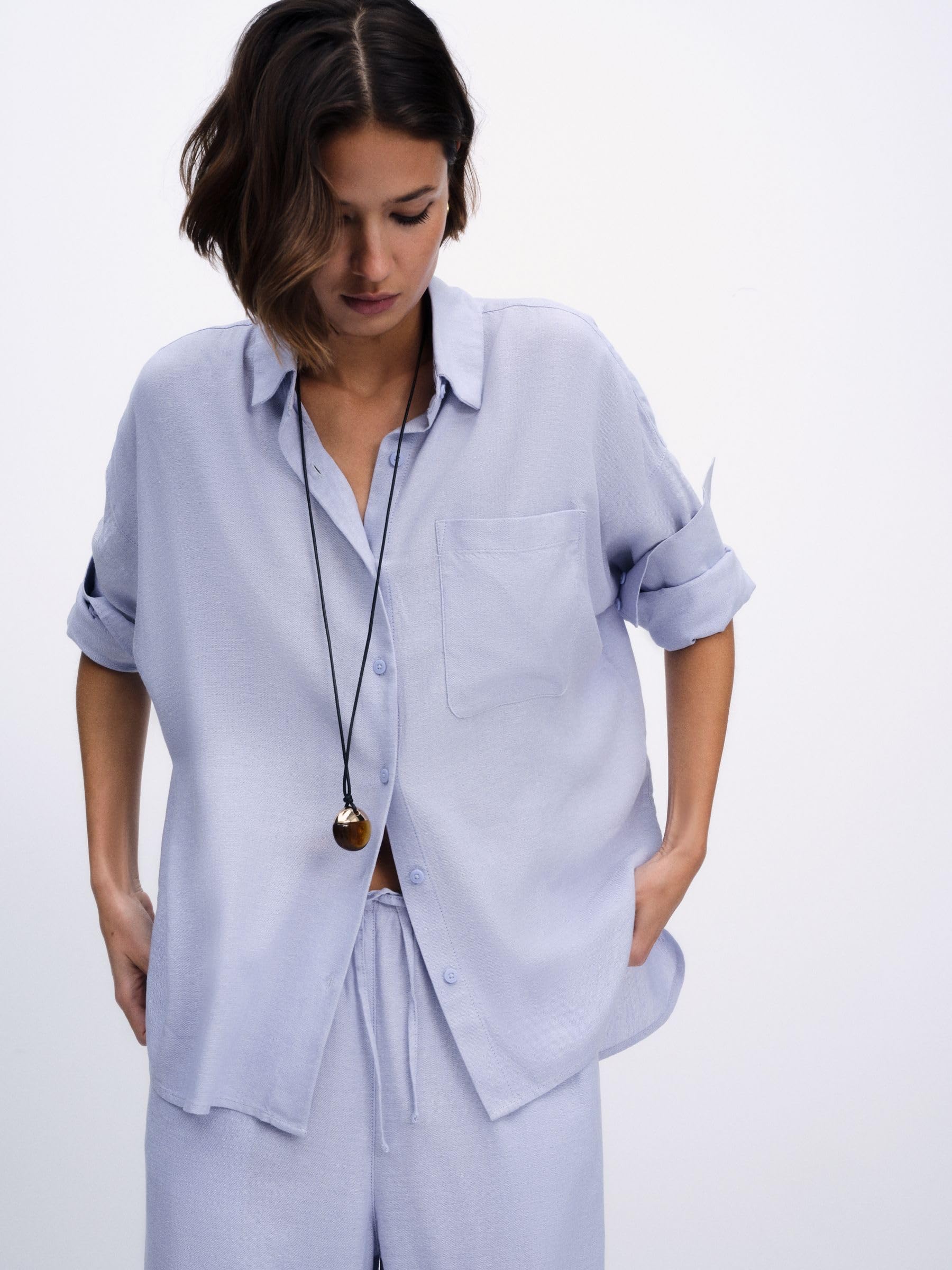 THE SET Damen Langarmshirts mit Knöpfen und Leinenanteil, 2er-Pack