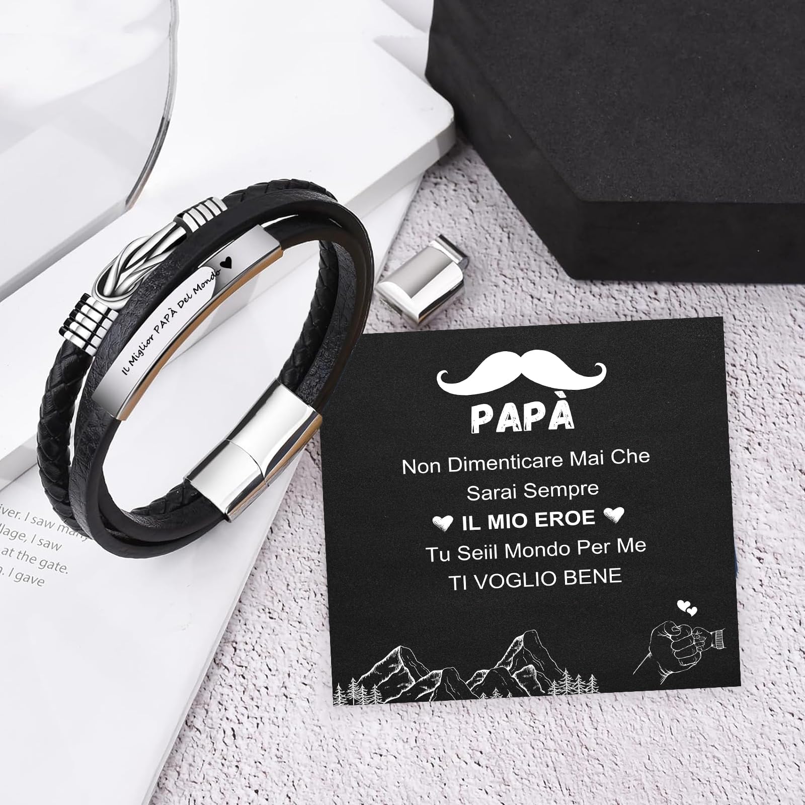 TERRISHE Regalo Uomo Bracciale Uomo Bracciale In Pelle Nera, Regalo per Papà Figlio Mariti Fidanzati, Regalo In Pelle per la Festa del Papà Laurea Compleanno Natale San Valentino