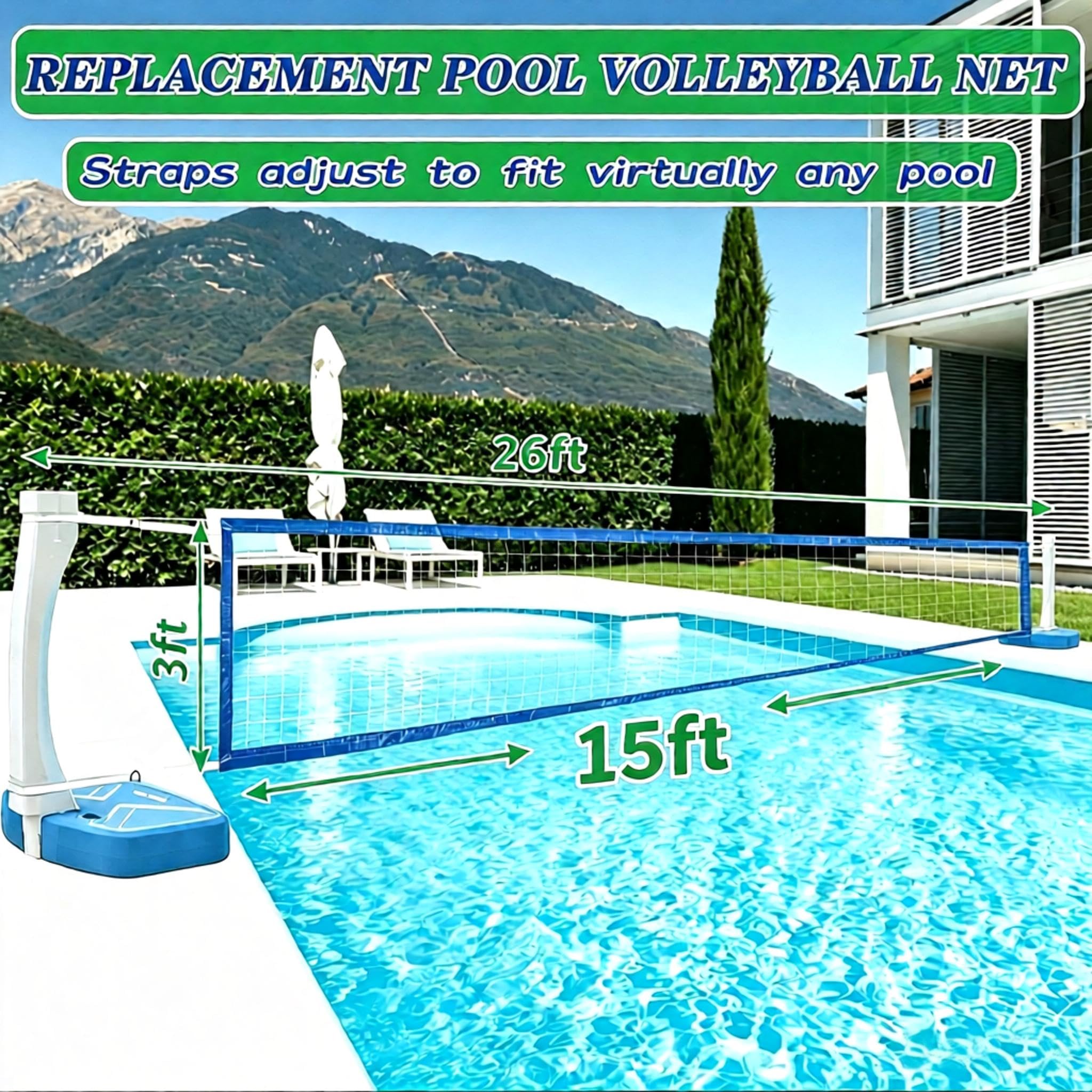 Red de voleibol de repuesto para piscina, longitud ajustable de 15 a 26 pies (solo red) | Hebilla de acero anti-UV y duradera universal para juego de red de voleibol de piscina