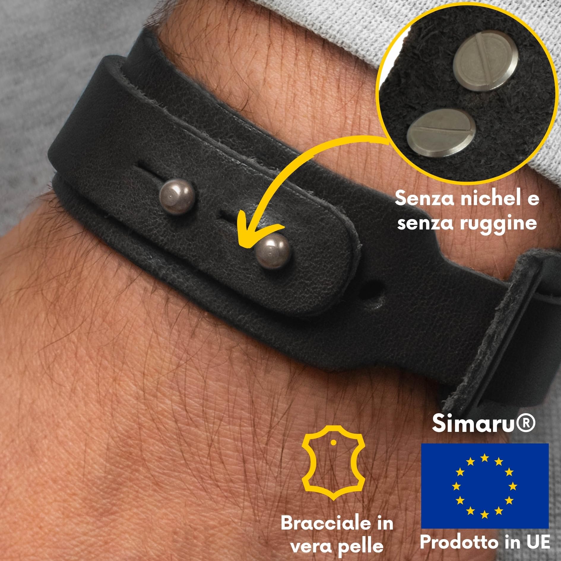 Simaru Bracciale in Vera Pelle 25 mm - Unisex - Conciato Vegetale - Borchie a Vite Resistenti - Anallergico