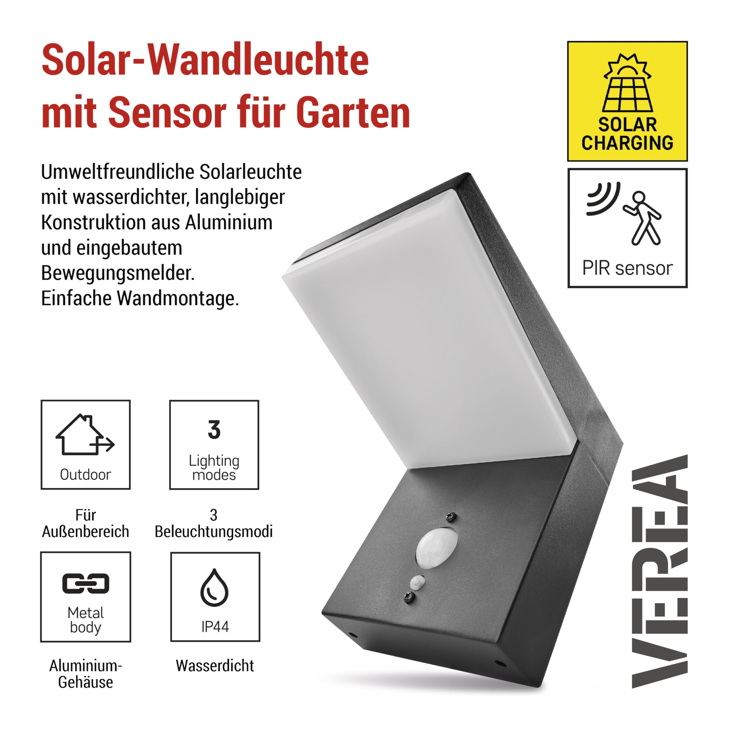 EMOS - Solarna lampa ścienna LED VEREA z czujnikiem ruchu do domu i ogrodu – wodoszczelne solarne oświetlenie ogrodowe z czujnikiem, jasność 460 lm, ciepła biel – obudowa z aluminium do montażu na