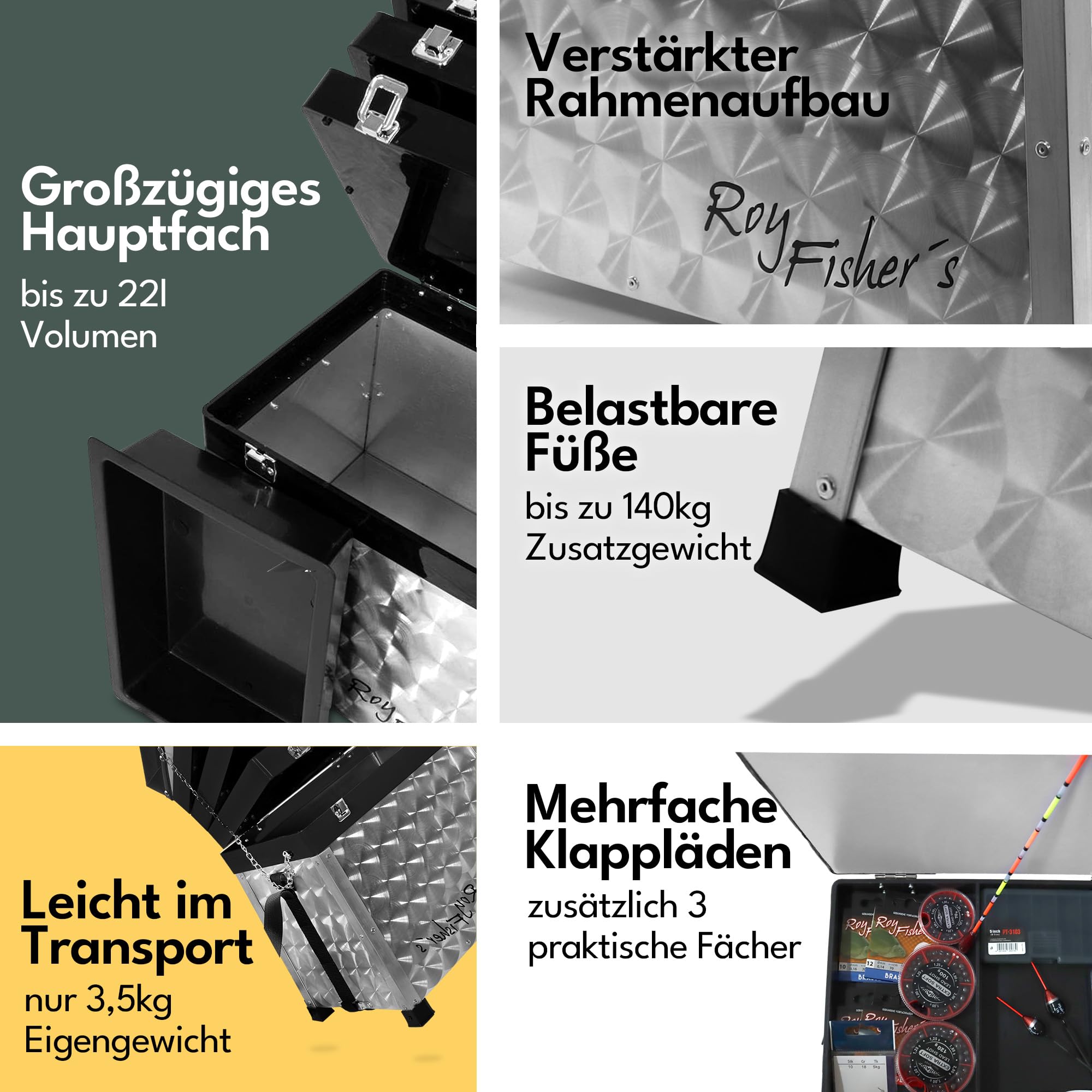 Roy Fishers Alu Sitzkiepe –, 4-ladig | Angelkoffer, Sitzbox, Angelbox, Angelsitz