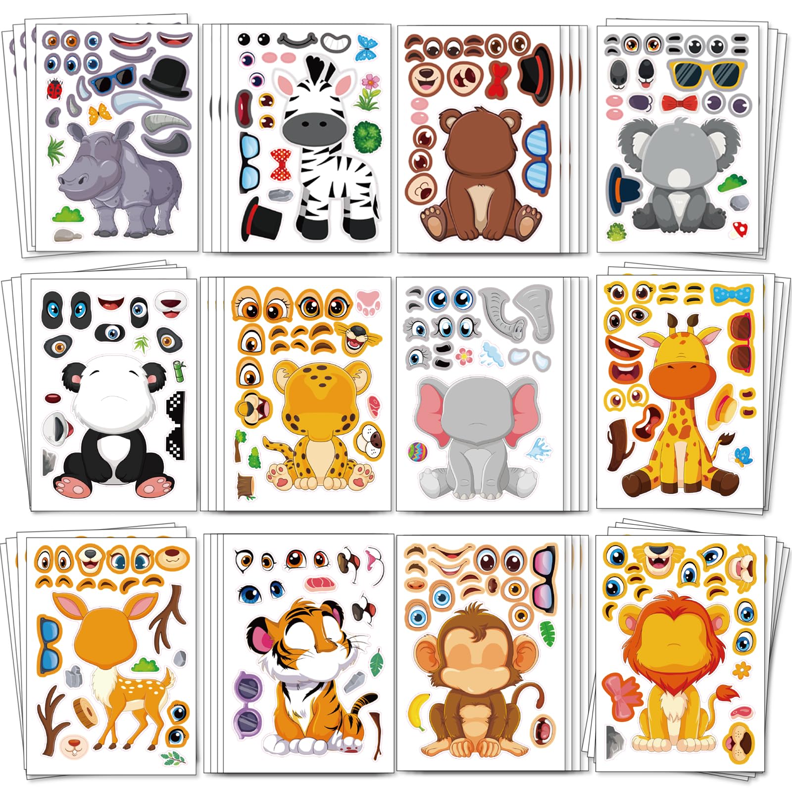 48 Sheets Animal Stickers for Kids - Make a Face Sticker Back to School Party Favors Goodie Bags Stuffers 12 Animal Designs Crafts Activities Gifts for Kids Toddler Birthday Classroom Supplies