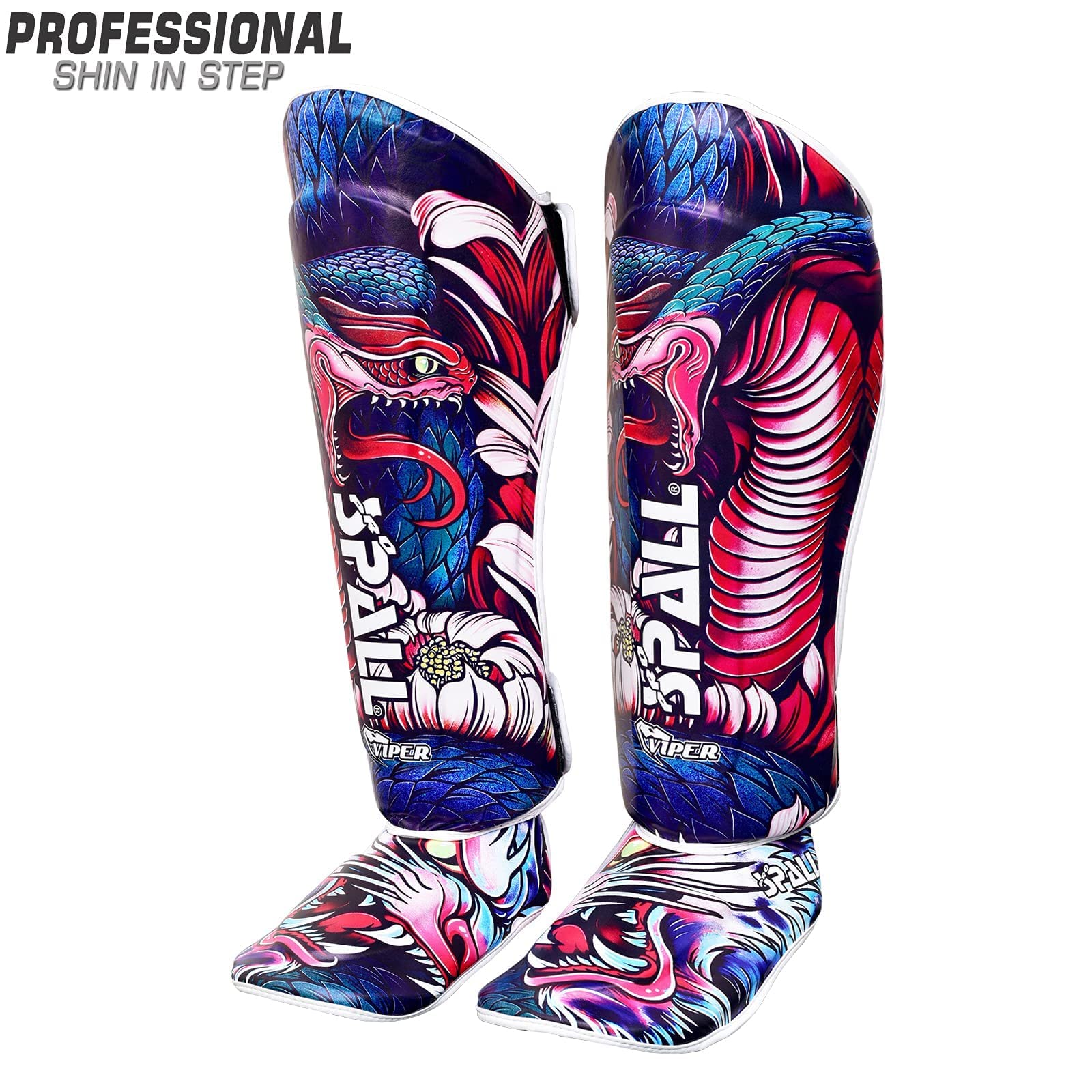 Spall Pro US Muay Thai Guards Shin Guards for Kickboxing Martial Arts BJJ Boxing Sparring with MMA Foot Protector (X-Large, Viper)
