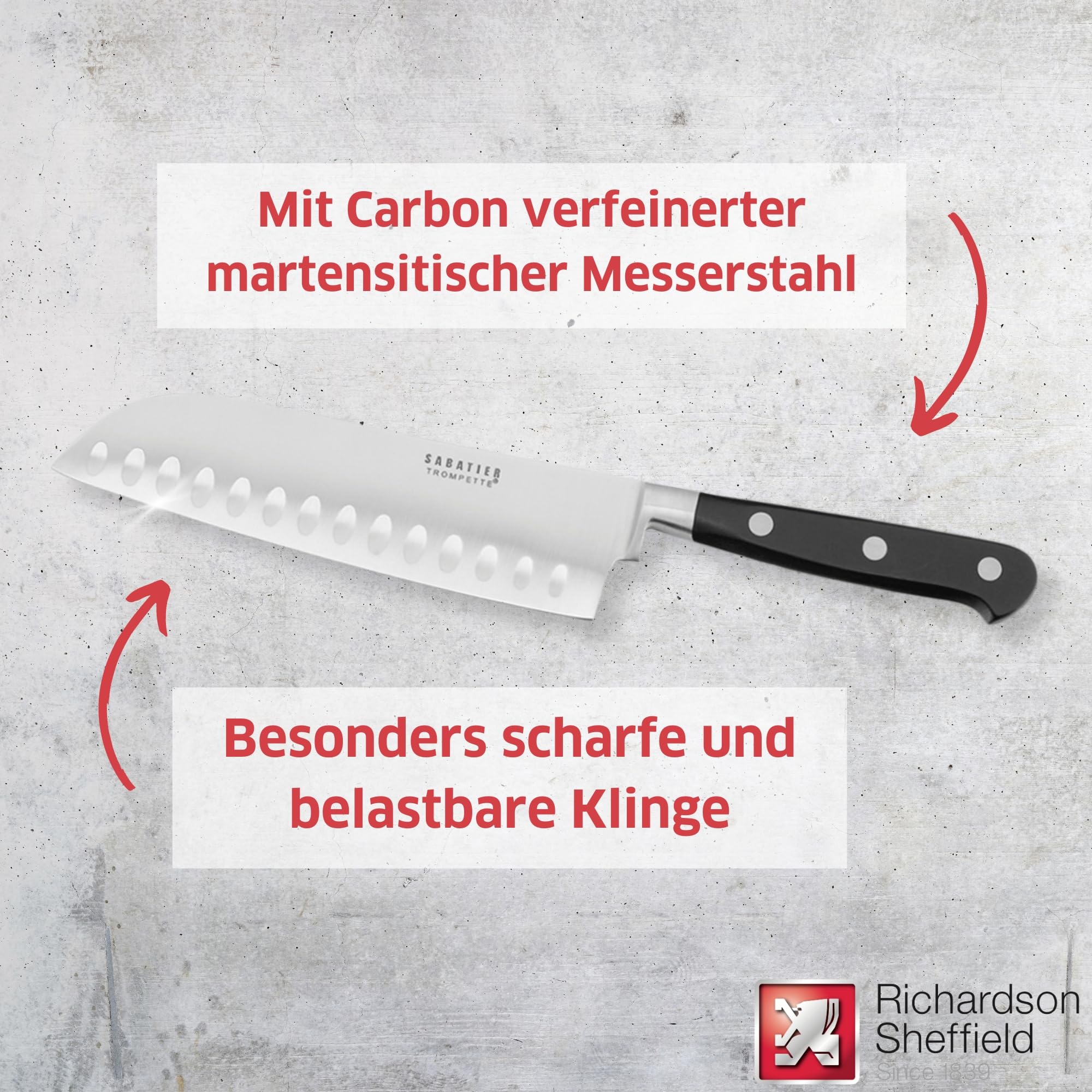Richardson Sheffield R08000P261161 Sabatier Trompette Santoku Cuchillo de 6.9 pulgadas, plateado