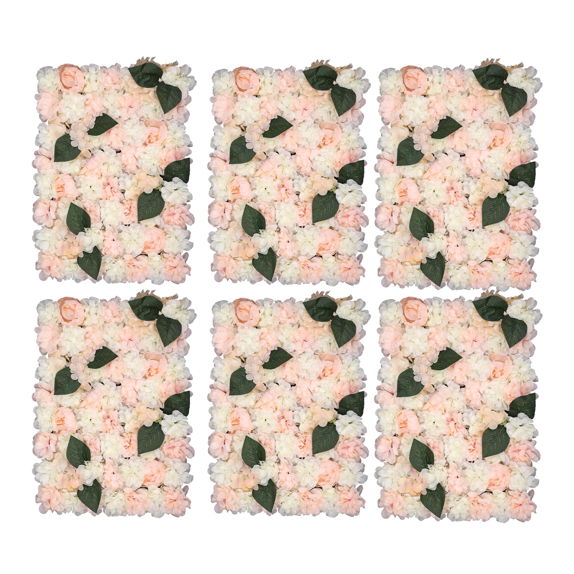 Trimming Shop Artificial Flowers Wall Panels DIY Fake Flower Wall Silk Flower Romantic Floral Backdrop for Wedding Birthday Party Home Decoration, 60cm x 40cm, Peach & Ivory with Green Leaves, 6pcs
