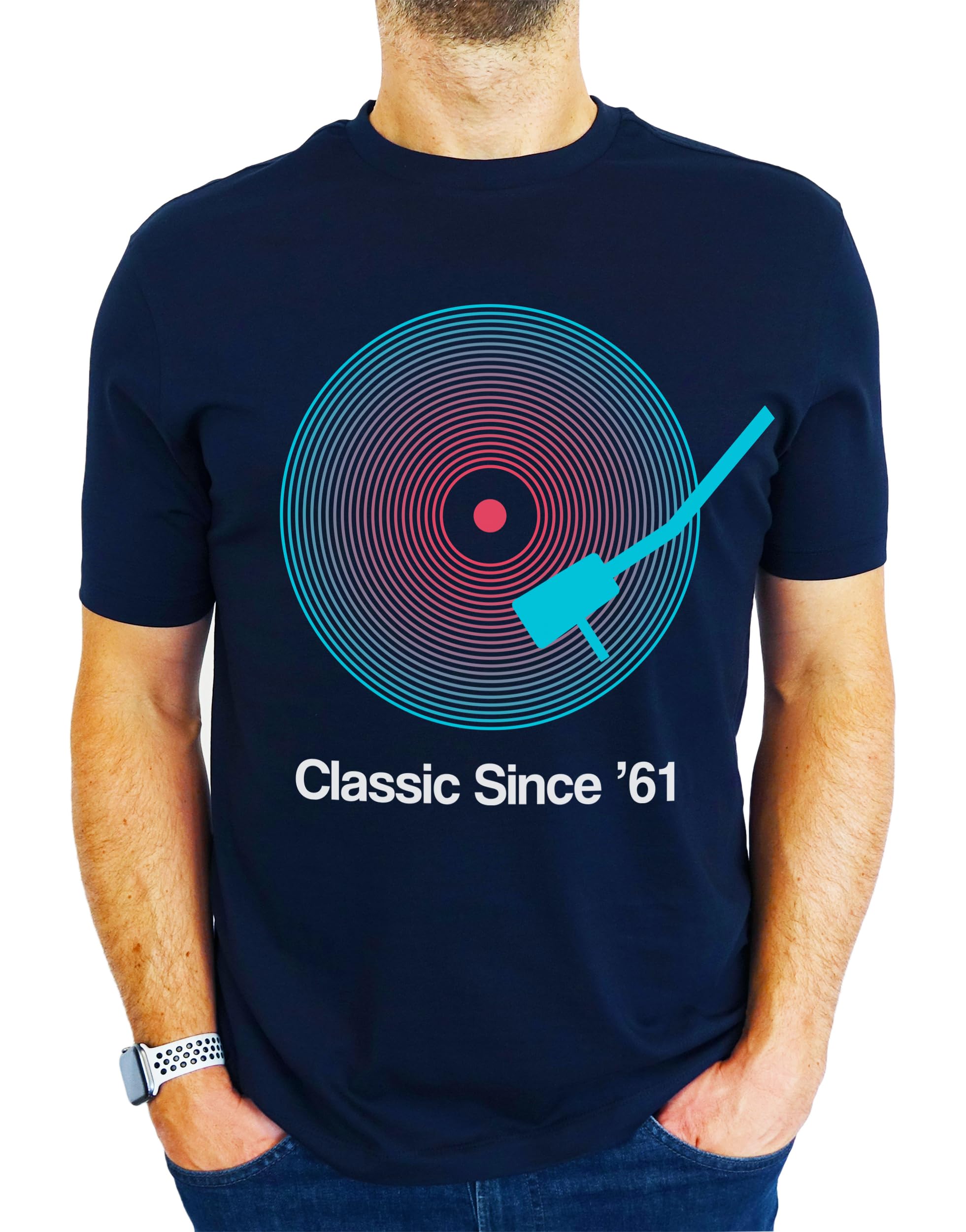 1961 Vinyl Record Neon - Classic Since - 65th Birthday Gift | Present Mens T-Shirt Navy M