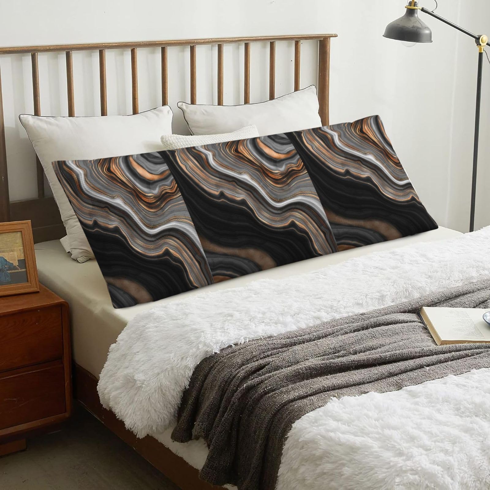 Elegant Black Marble With Gold And Copper Veins, Body Pillow Cover with Zipper,Long Body Pillowcase 20 x 60 in
