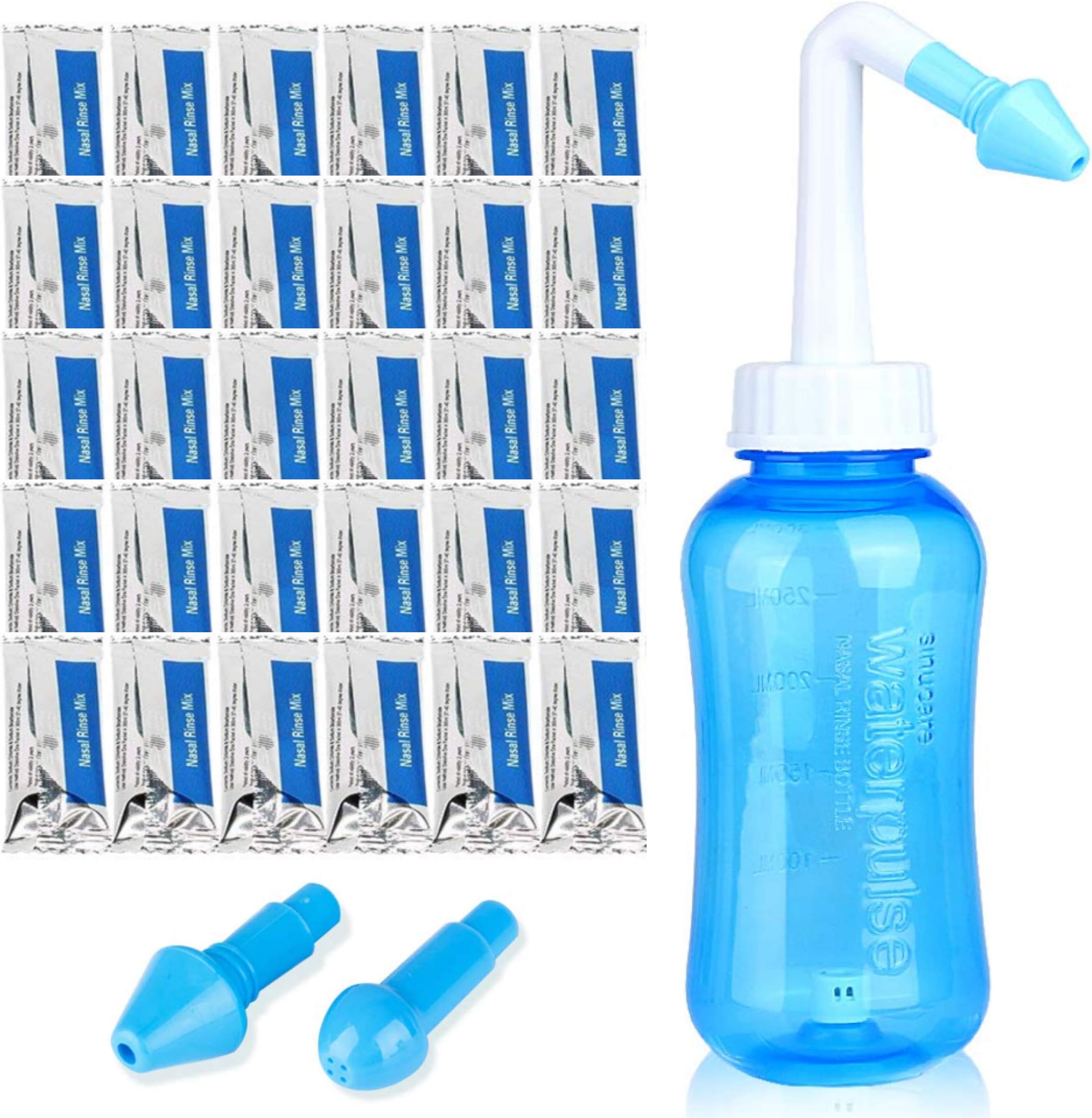 Sinus Rinse Kit (300ml Adjustable Hydro Nasal Wash Cleaner + 30 Packets Nose Wash Salt + Thermometer Sticker), Nasal Rinse Kit - Neti Pot for Allergies & Sinus Care - for Adults & Children