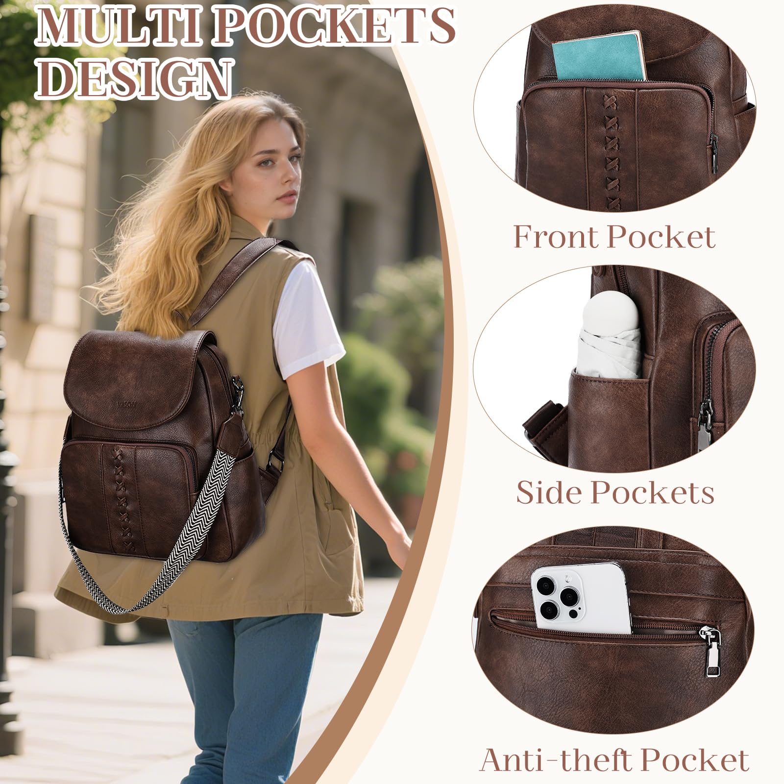 VASCHY Sac à Dos Antivol Femme Cuir, Élégant Sac à Main Porté Dos Bohème Rétro Imperméable avec Bretelle Réglable pour Travail Université Voyage