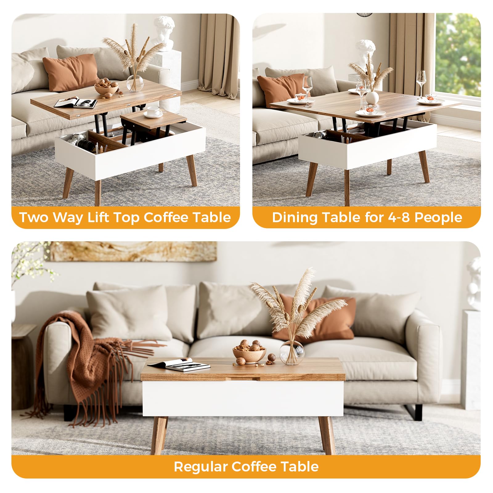 Bidiso Lift Top Coffee Table - Ten Minute Install Center Table with Hidden Storage, Rising Tabletop for Living Room, Rustic Brown