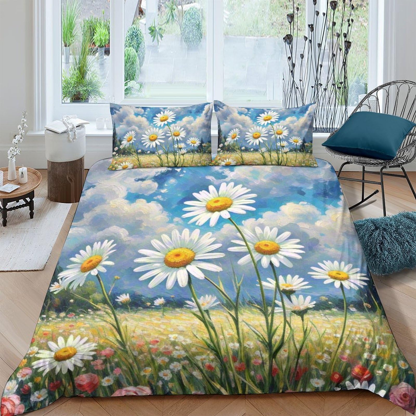 GPLZQXKJNH 3D Printed Daisy Meadow Duvet Cover Set Microfiber Soft Breathable Floral Bedding Set with 2 Pillowcases for Bedroom Decor Single（135x200cm）