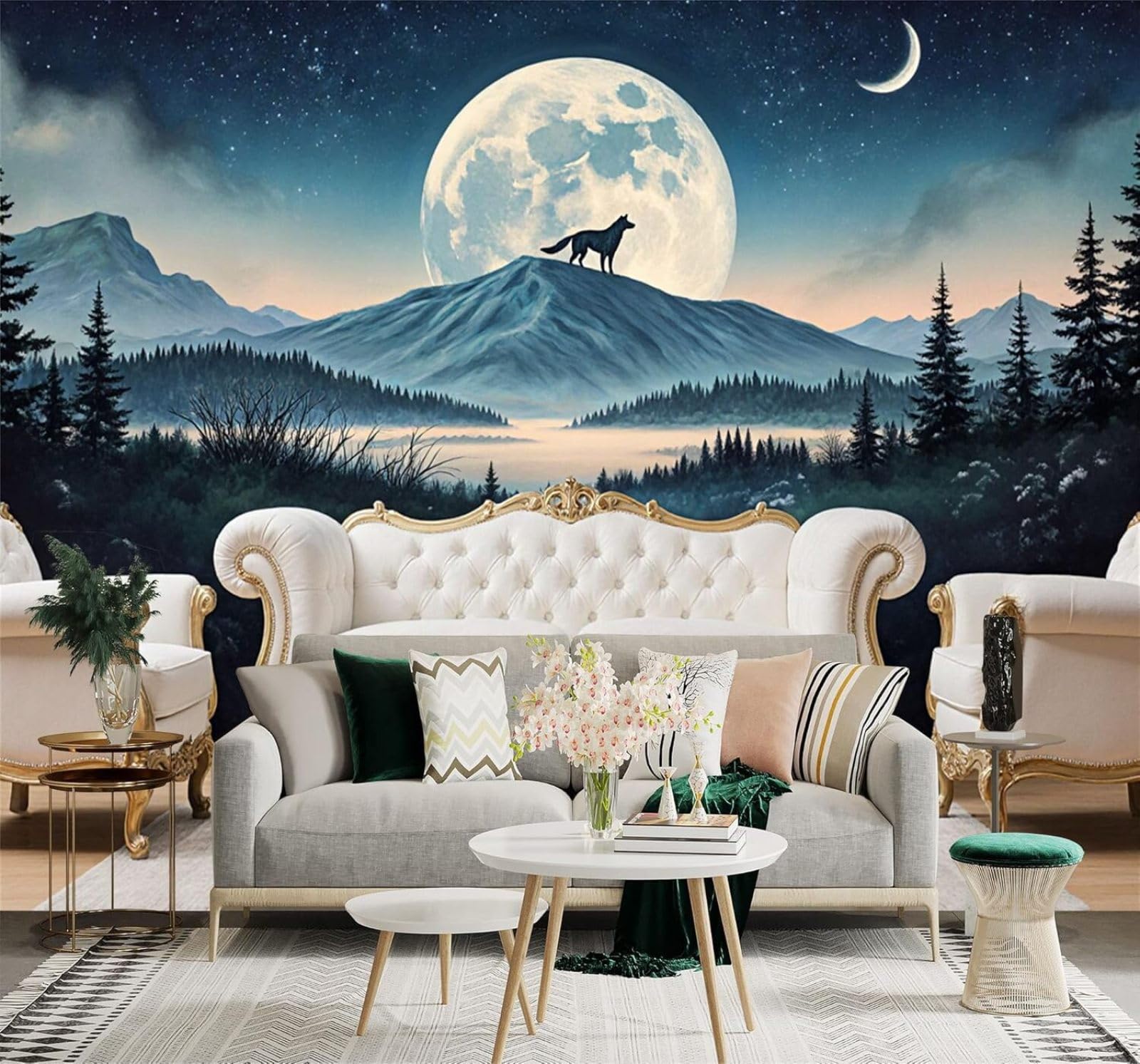 Tzxztt Wolf Starry Sky Moon Mountain Peaks Landscape Modern 3D Wallpaper Premium Textured Silk Neutral Tones Material Ideal for Living Room Bedroom-430cm×300cm