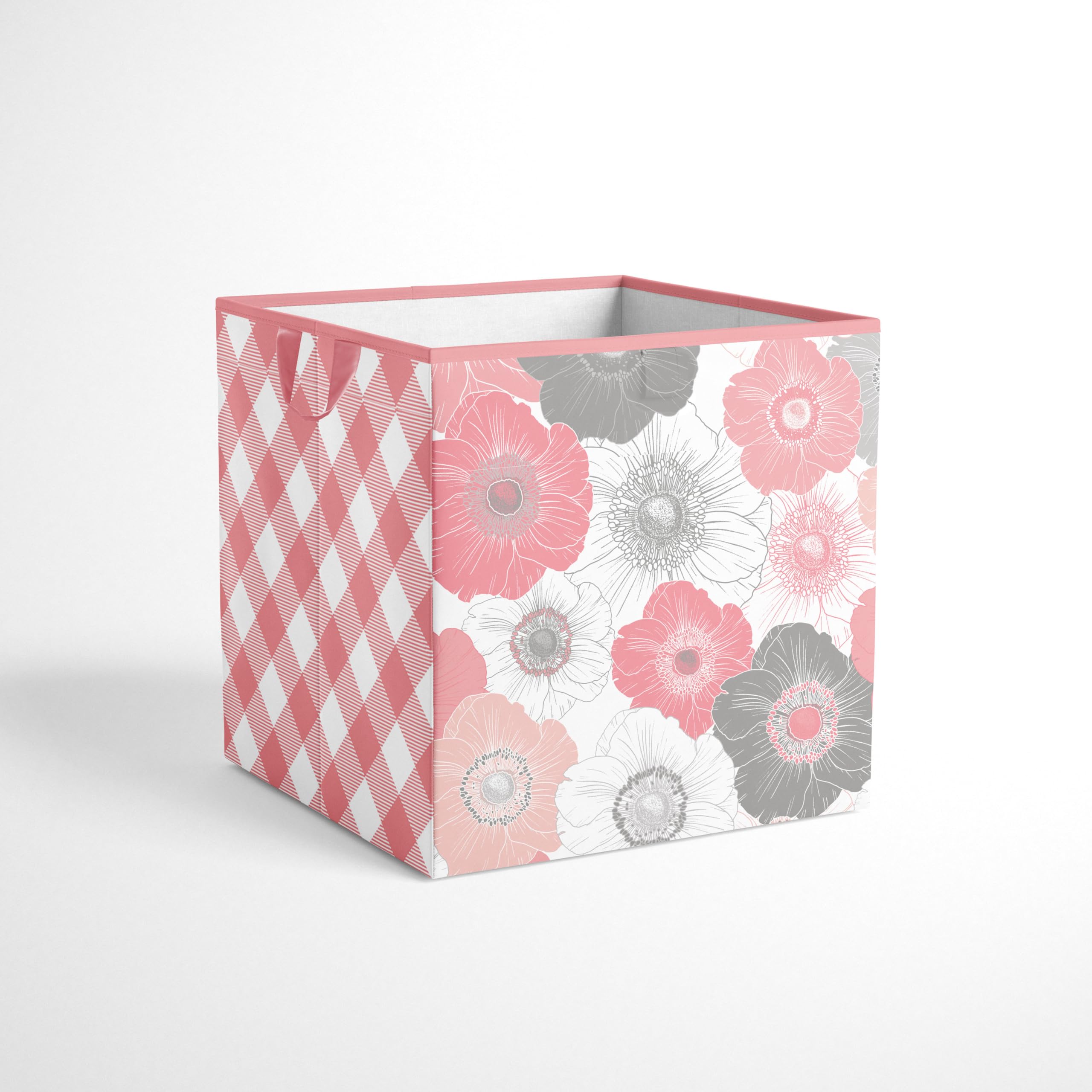Bacati - Small Storage Tote Watercolor Flowers Coral Gray 10 x 10 x 10 inches
