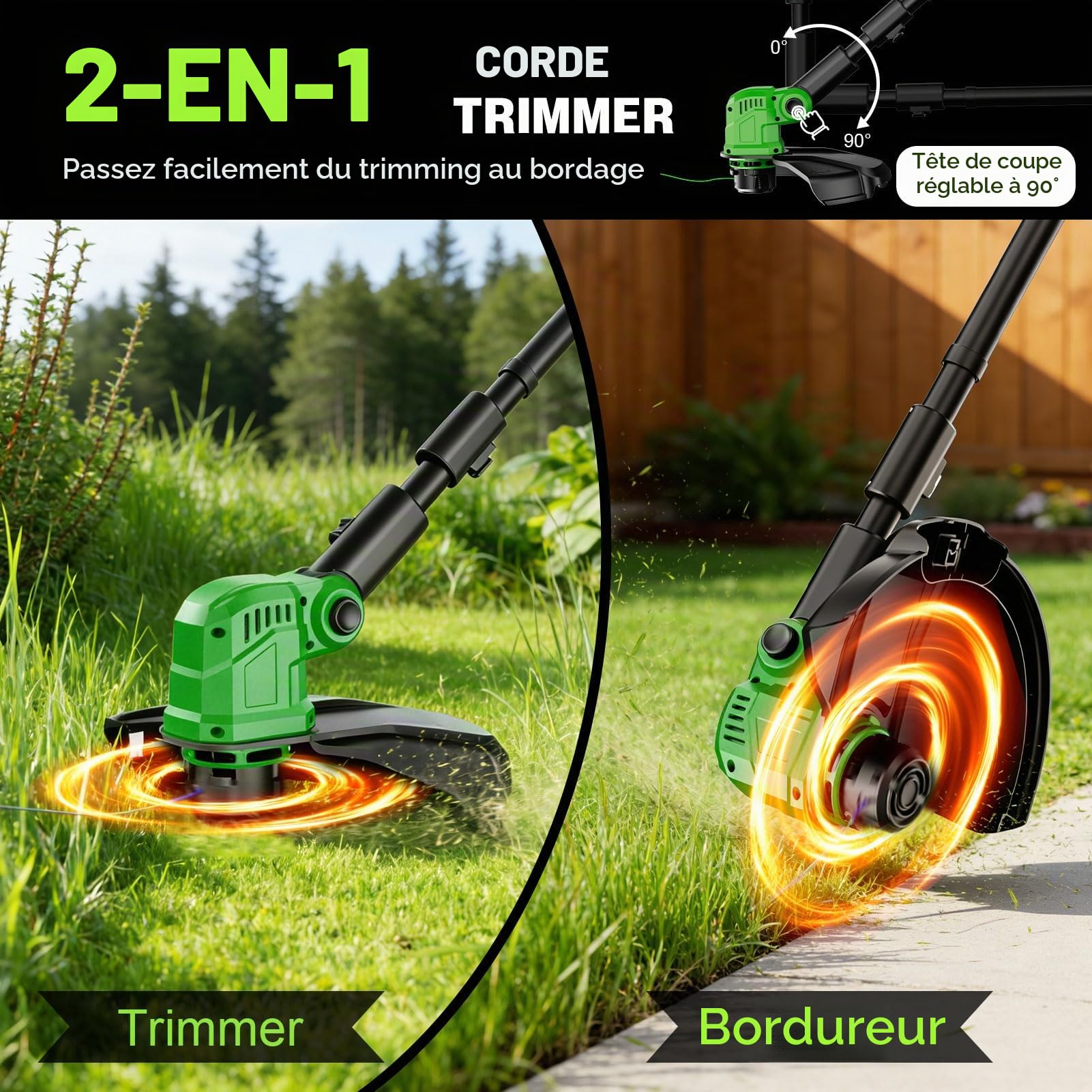 Debrouissalleuses Electrique sans Fil 36CM,Coupe Bordures à 2×3,0 Ah Batterie,800W Moteur sans Brosse,21V Débroussailleuse a Batterie avec Roue et 8 bobines de Rechange pour Jardin et Pelouses