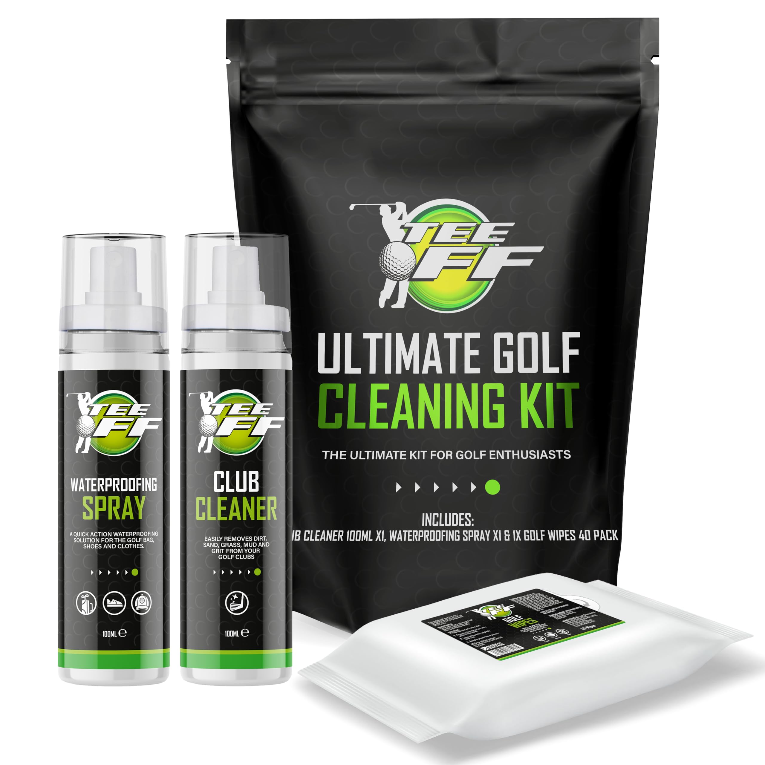Tee Off - Ultimate Golf Care Kit - Club Cleaner, Golf Wipes & Gear Waterproofer - Complete Cleaning & Protection Set for Golf Clubs, Bags & Apparel