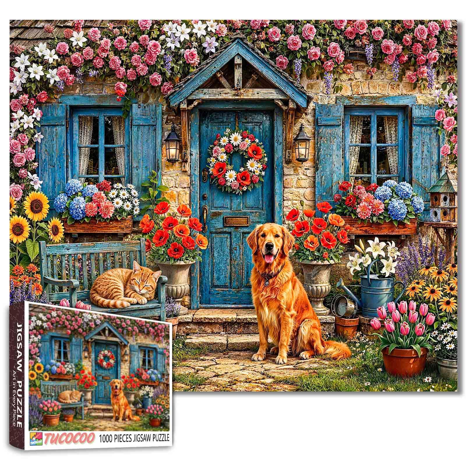 Flower Cottage Puzzles 1000 Piece, Cute Dog and Cat Rustic Cottagecore Art Puzzle for Adults Floral Garden Landscape Artwork Colorful DIY Crafts Relaxing Jigsaw Puzzles for Home Decoration Gifts โ image 1