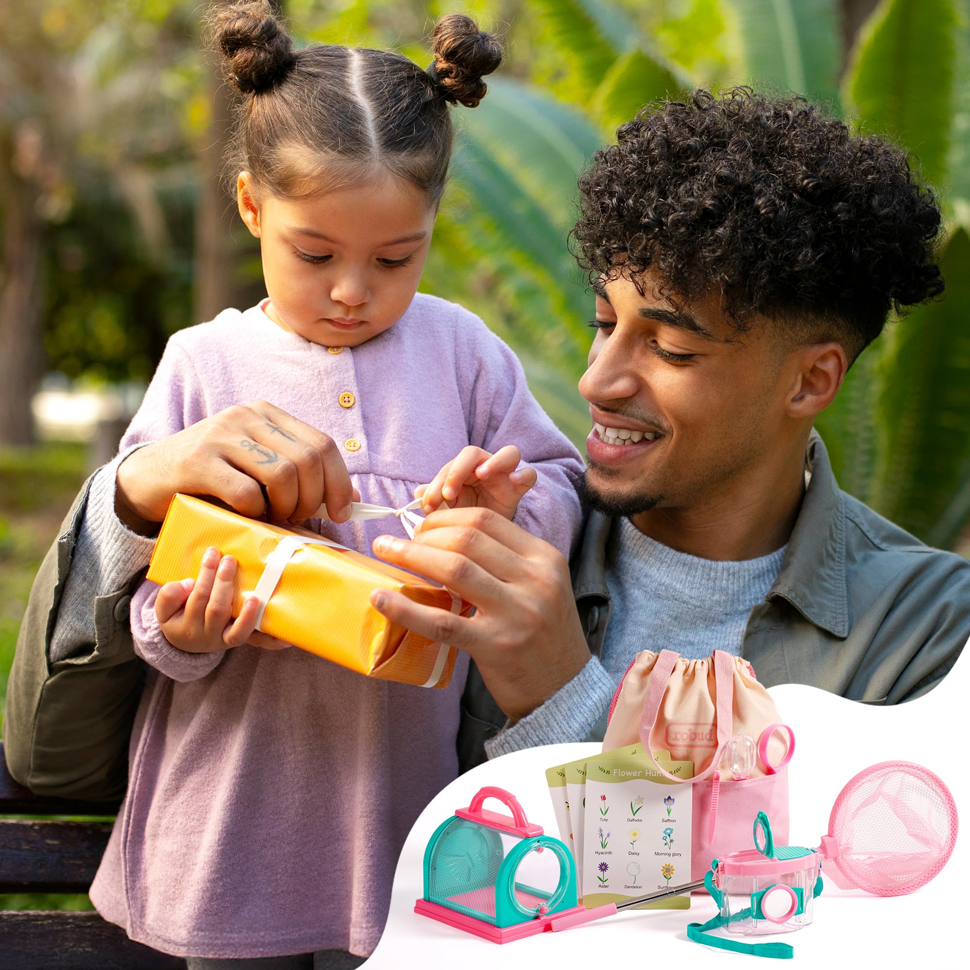 ROBUD Kids Outdoor Explorer Kit, Bug Catching Adventure Set with Butterfly Net, Magnifying Glass, Kids Binoculars, Bug Container, Carry Bag, Educational Toys Gift for Toddler Ages 3+