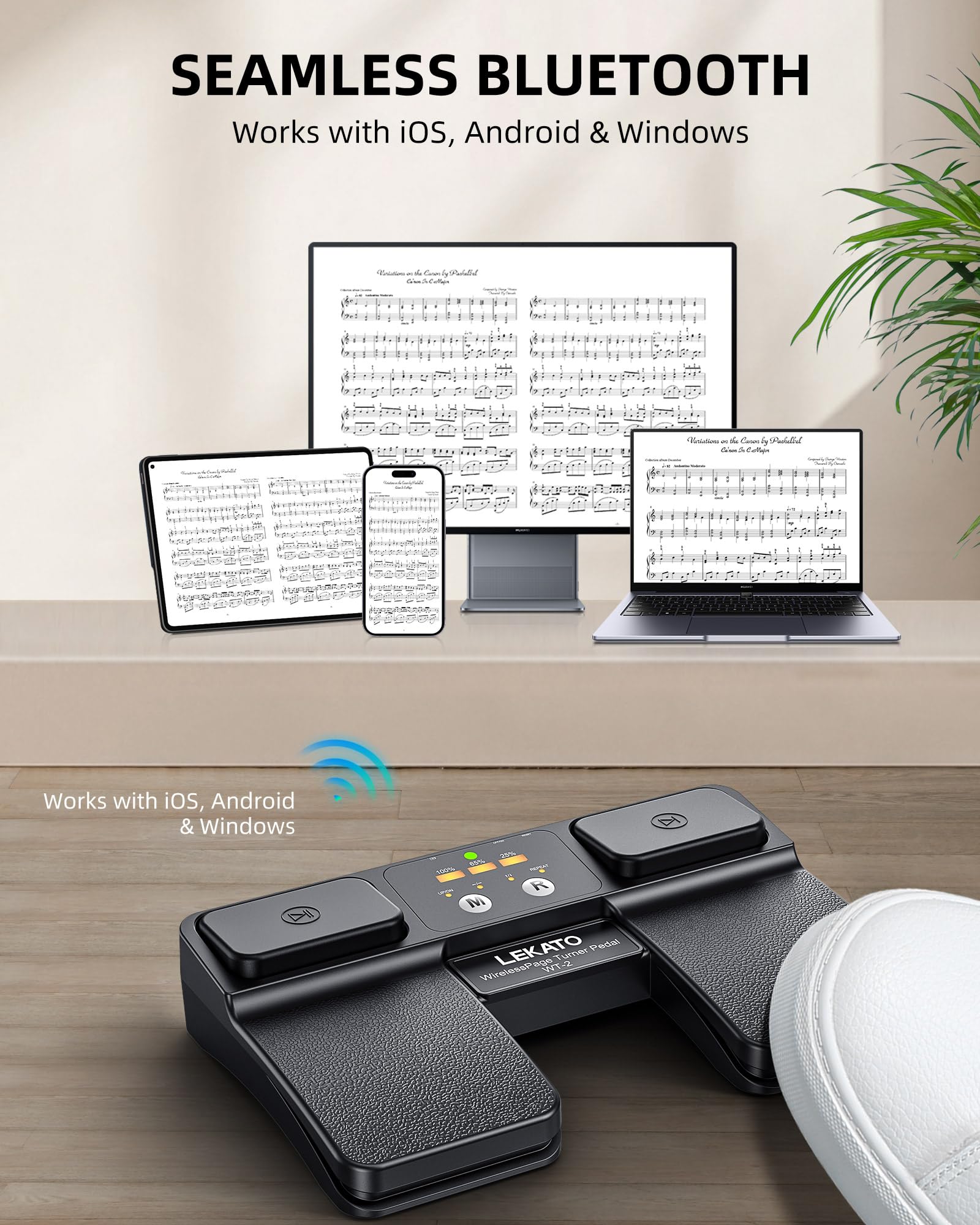 LEKATO Pedale Bluetooth Page Turner con controllo backing track e indicatore batteria, pedale wireless ricaricabile per spartiti, smartphone, tablet e lezioni musicali (WT-2)