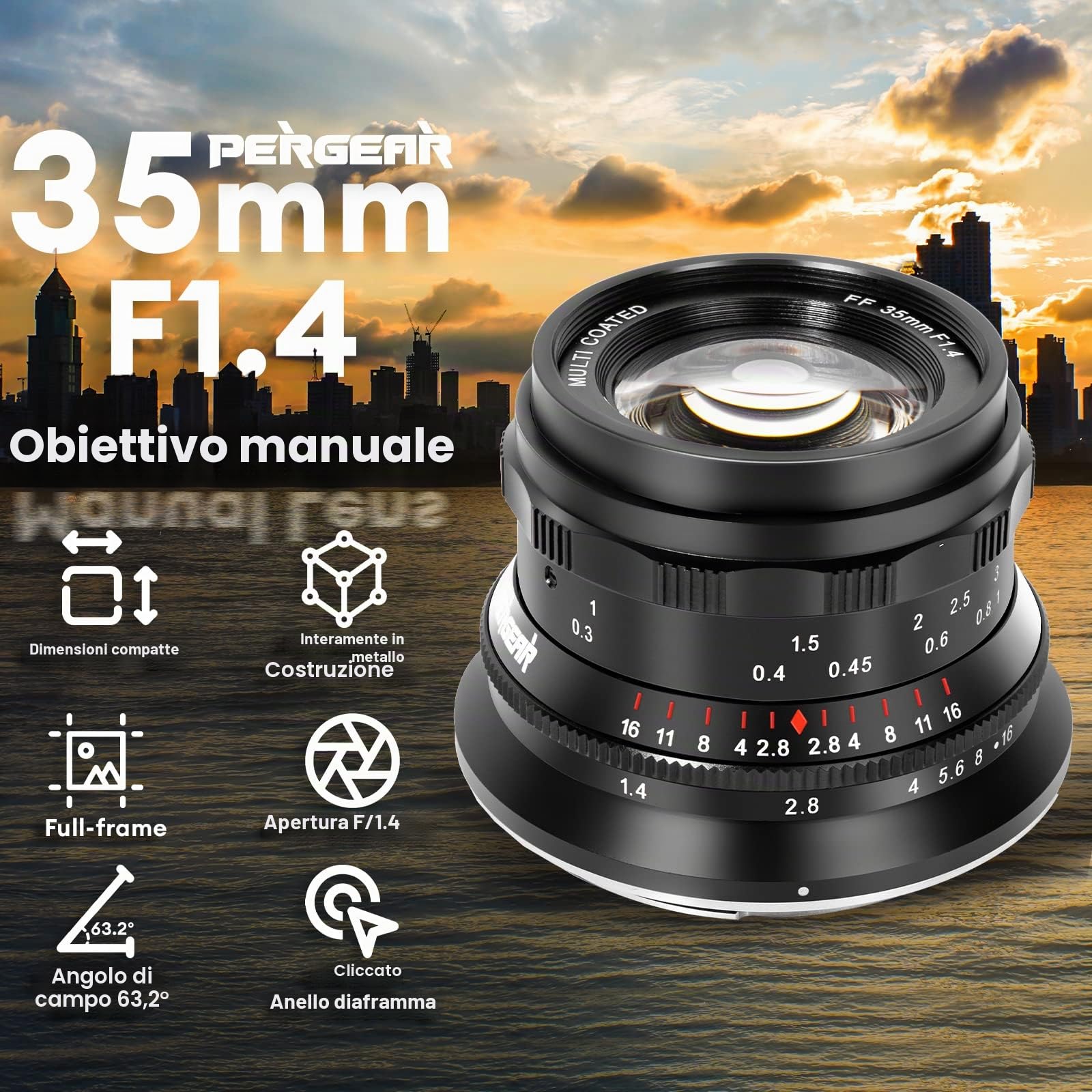 PERGEAR 35mm F1.4 obiettivo full frame con messa a fuoco manuale, compatibile con fotocamere mirrorless full frame con attacco L T TL TL2 CL, DC-S5 DC-S1H DC-S1R DC-S1 DC-BS1H e fp fp-L
