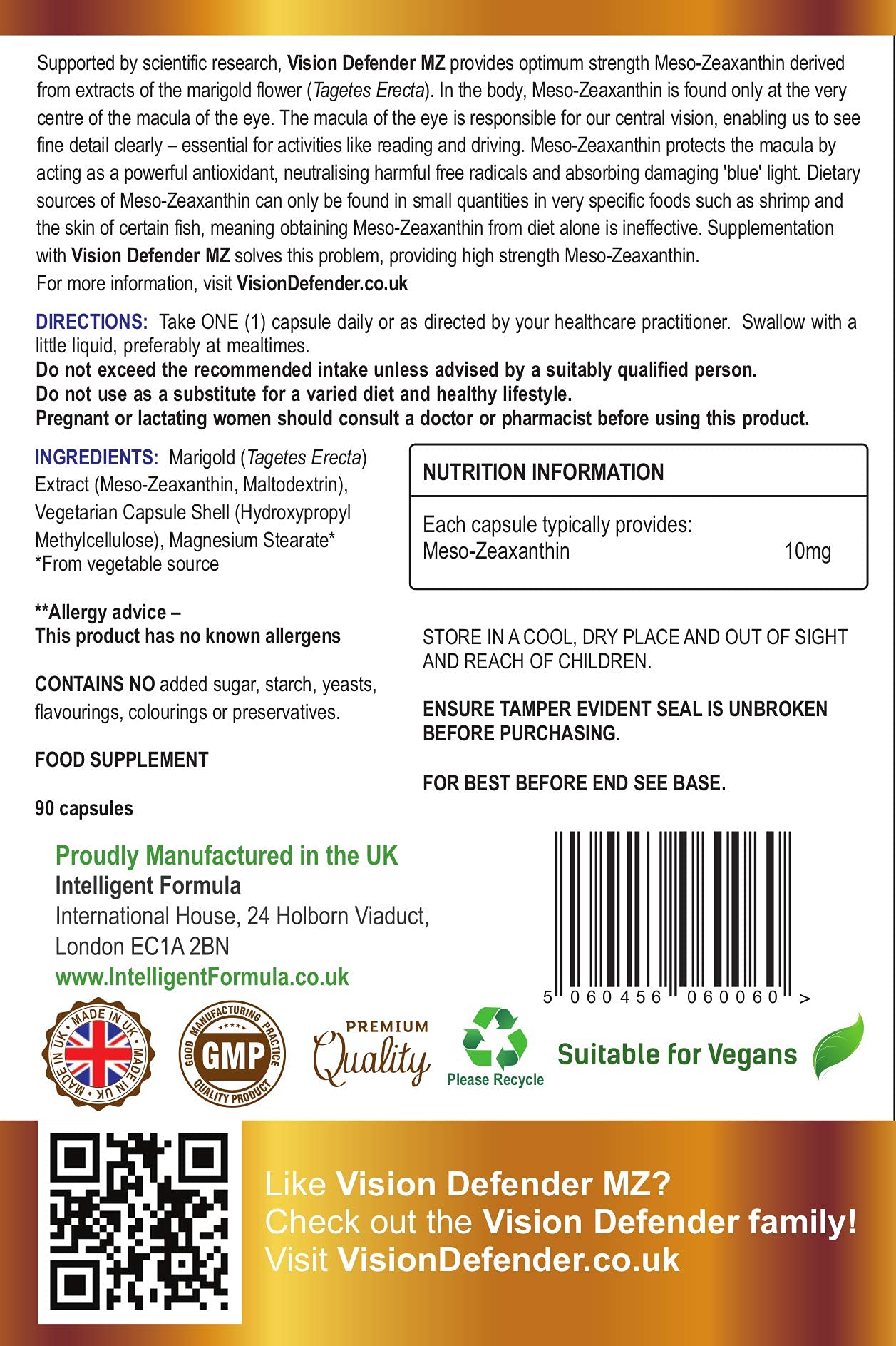 Meso Zeaxanthin Vegan Eye Supplement VISION DEFENDER MZ Protect and