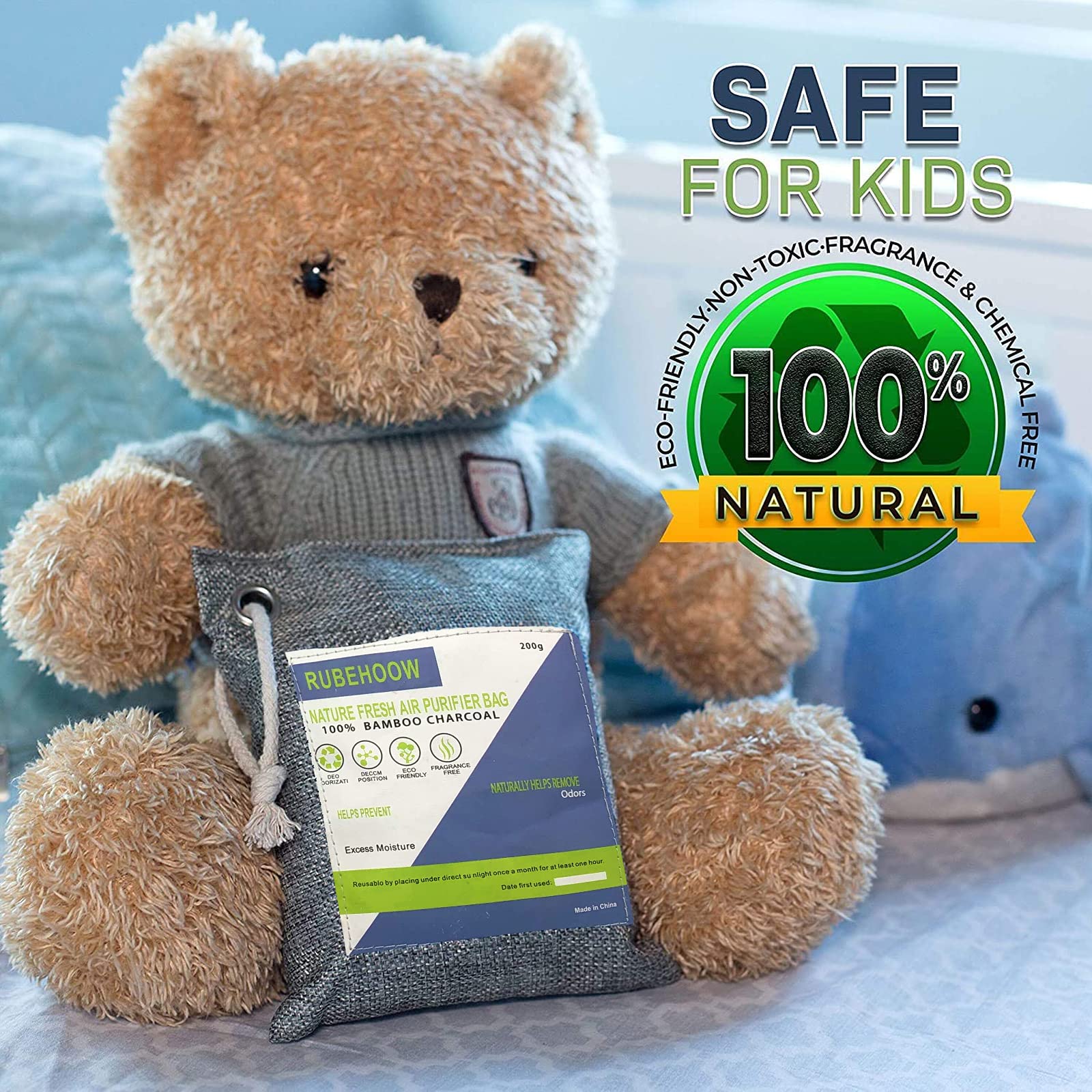 RUBEHOOW Bolsas de purificación de aire de carbón activo de bambú natural, ideales para neutralizar olores en armarios de zapatos, neveras, armarios de ropa, hogares con mascotas y automóviles