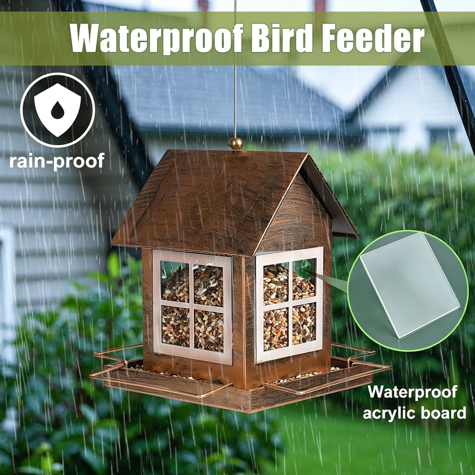 Comederos para pájaros, comedero de metal para colgar al aire libre, comedero de pájaros de gran capacidad resistente a la intemperie con hebilla a prueba de ardillas para exteriores, forma de