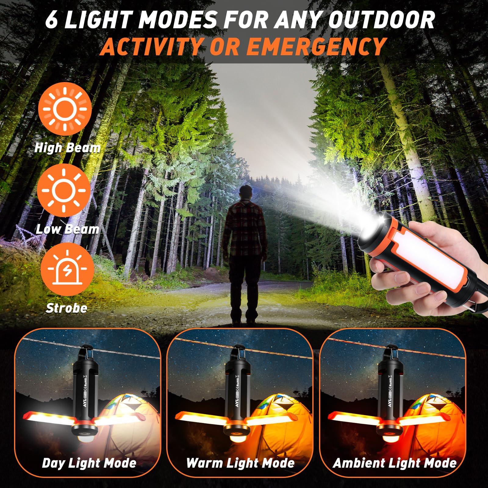 AYL - Lanterna portatile da campeggio ricaricabile a LED, leggera, ricaricabile tramite USB, torcia a LED, attrezzatura di sopravvivenza per casa, luce di emergenza, per esterni, per interruzioni di