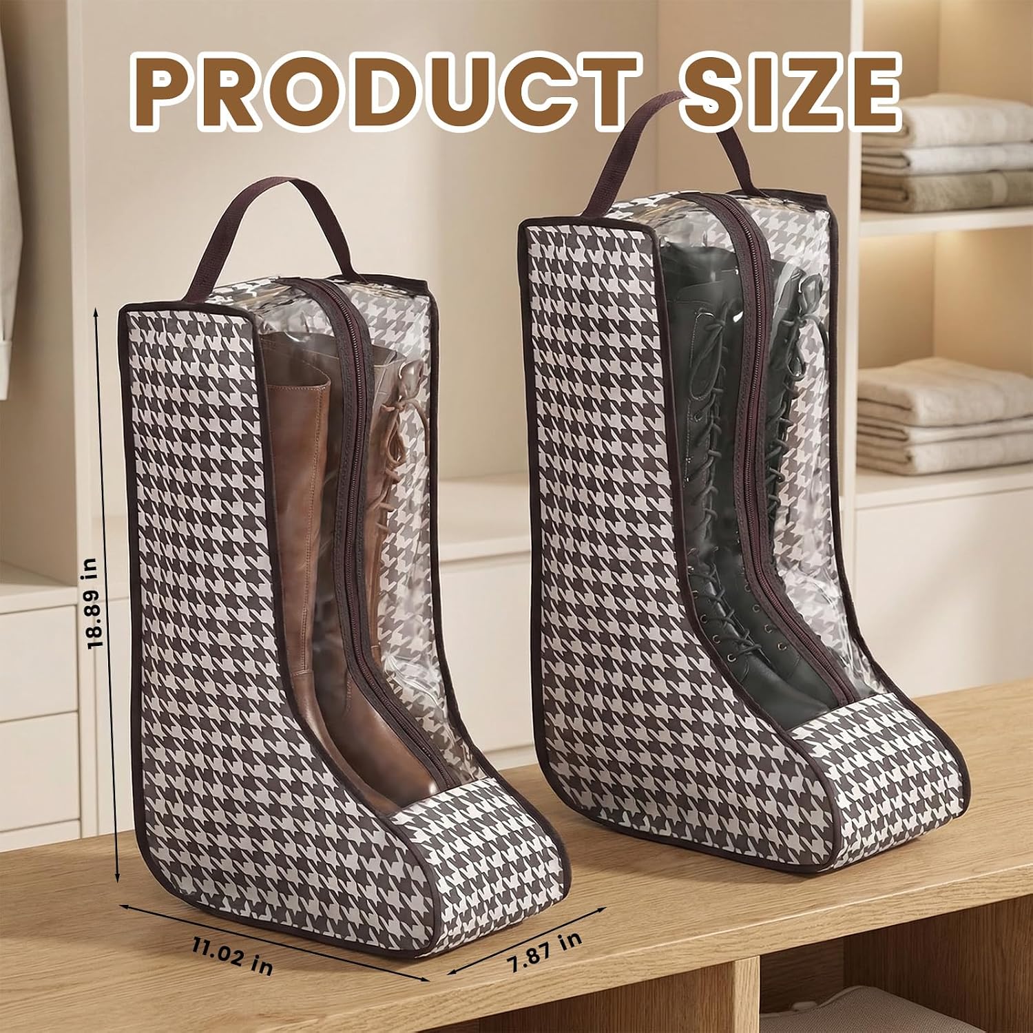 4 Pcs Boot Bags for Cowboy Boots Boot Storage Organizer Tall Boots, Houndstooth Shoe Storage Bags with Handles, Dust Proof Travel Shoes Organizer for Packing, Daily Use, Home Closet Organization