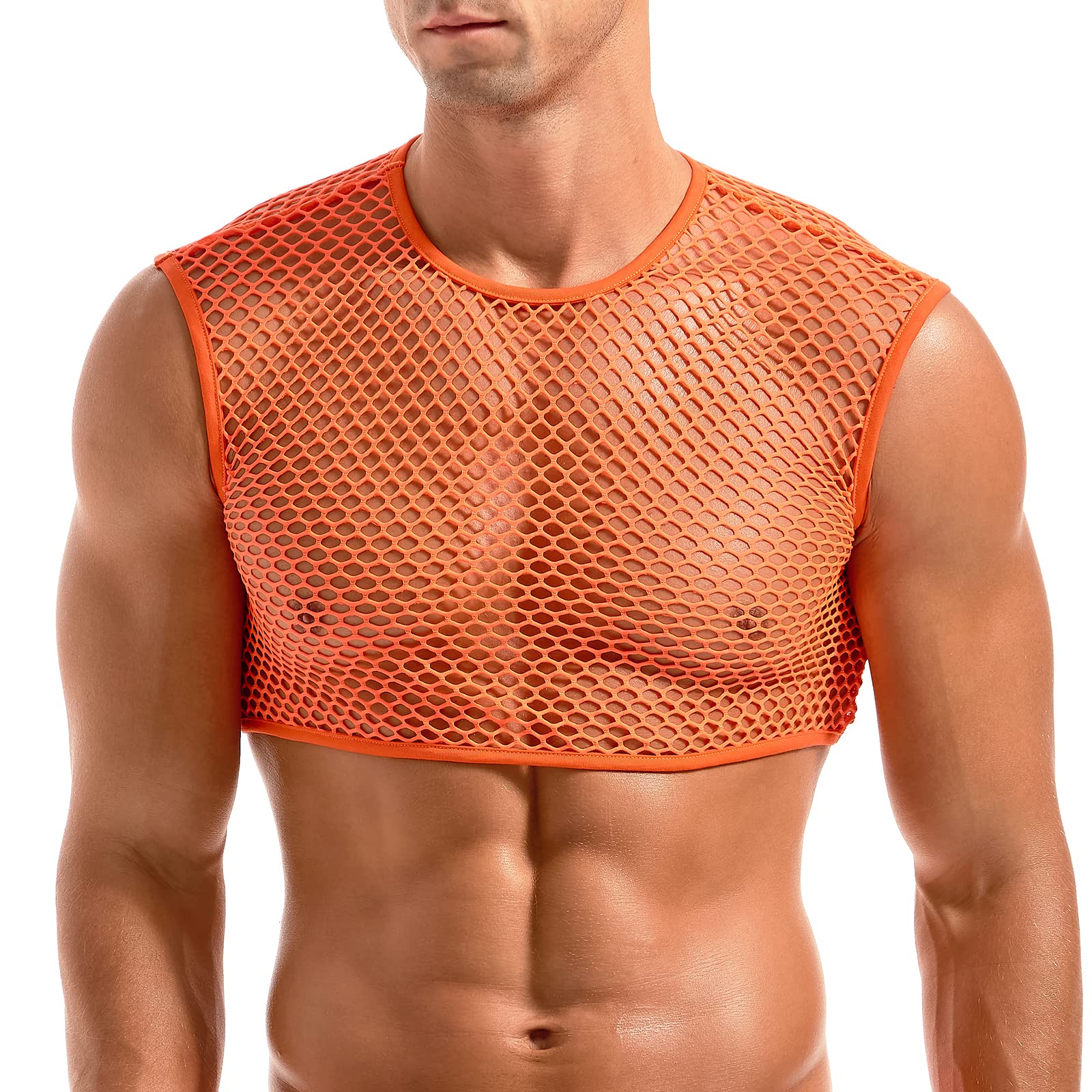 Amy Coulee Men's Fishnet Crop Top Sexy Mesh Vest See Through Sleeveless Shirts Muscle Tank Top Novelty Party Clubwear (Orange, M)