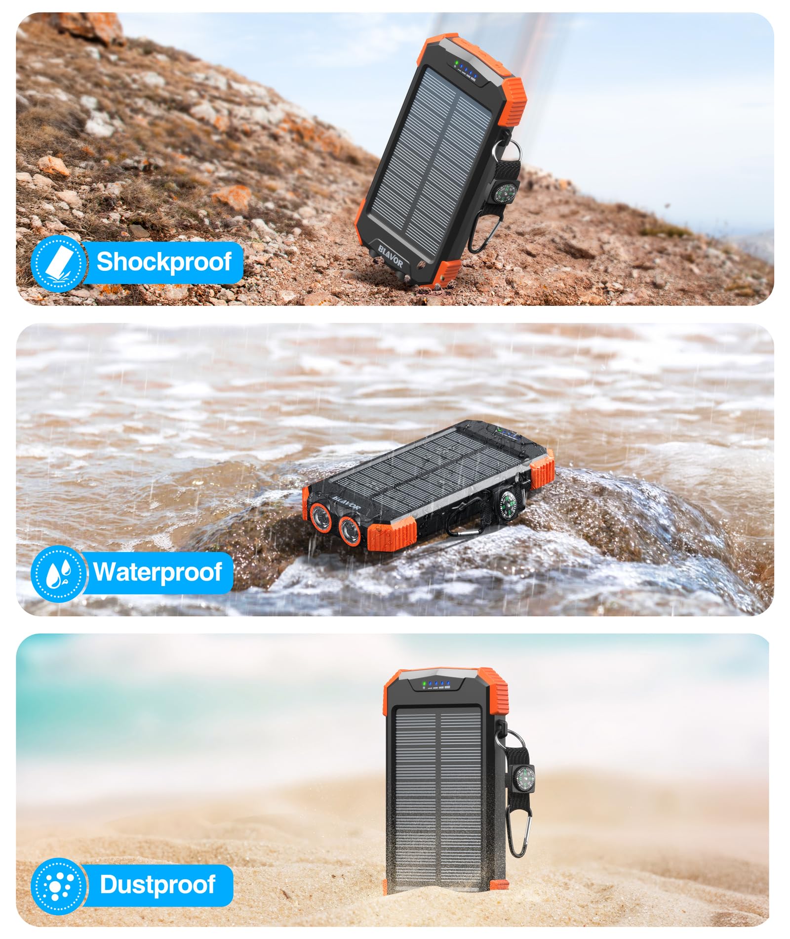 BLAVOR power bank solare 10000 mAh caricatore rapido caricabatterie wireless per esterni portatile Power Bank batteria esterna con pannello solare Micro USB C ingresso per cellulare tablet torcia