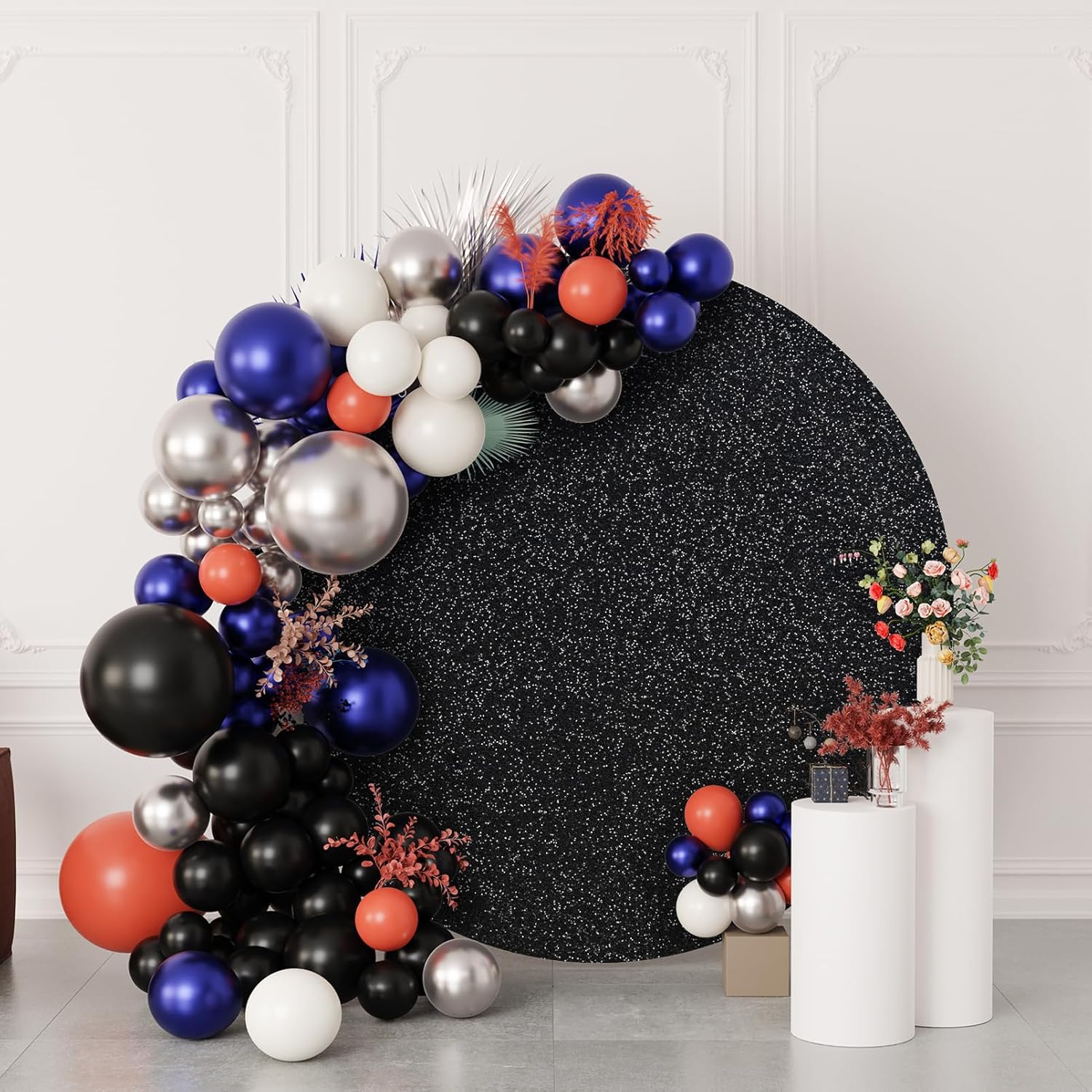 7.2ft Circle Backdrop - CMICHO Black Glitter Partitoon Luxurious Golden Photography Background for Wedding, Bridal and Party Decor