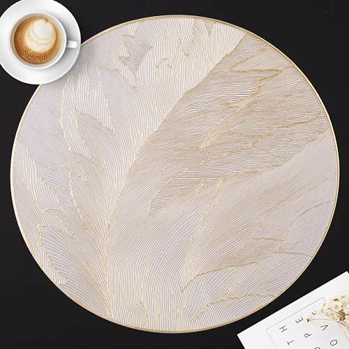 FAVE 6PCS Round Placemats Feather Pressed Vinyl Placemats Set of
