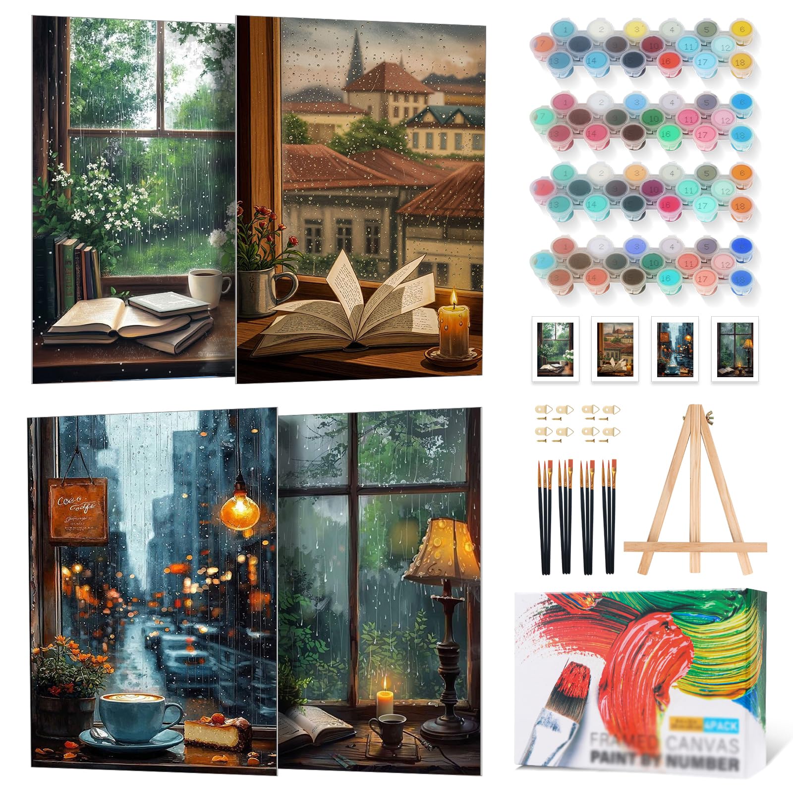 Pack of 4 Book Painting by Numbers Adults with Frame 20 x 30 cm, Window View Paint by Numbers for Adults with Wooden Easel, DIY Acrylic Paint by Numbers Adult for Home Wall Decor Gift