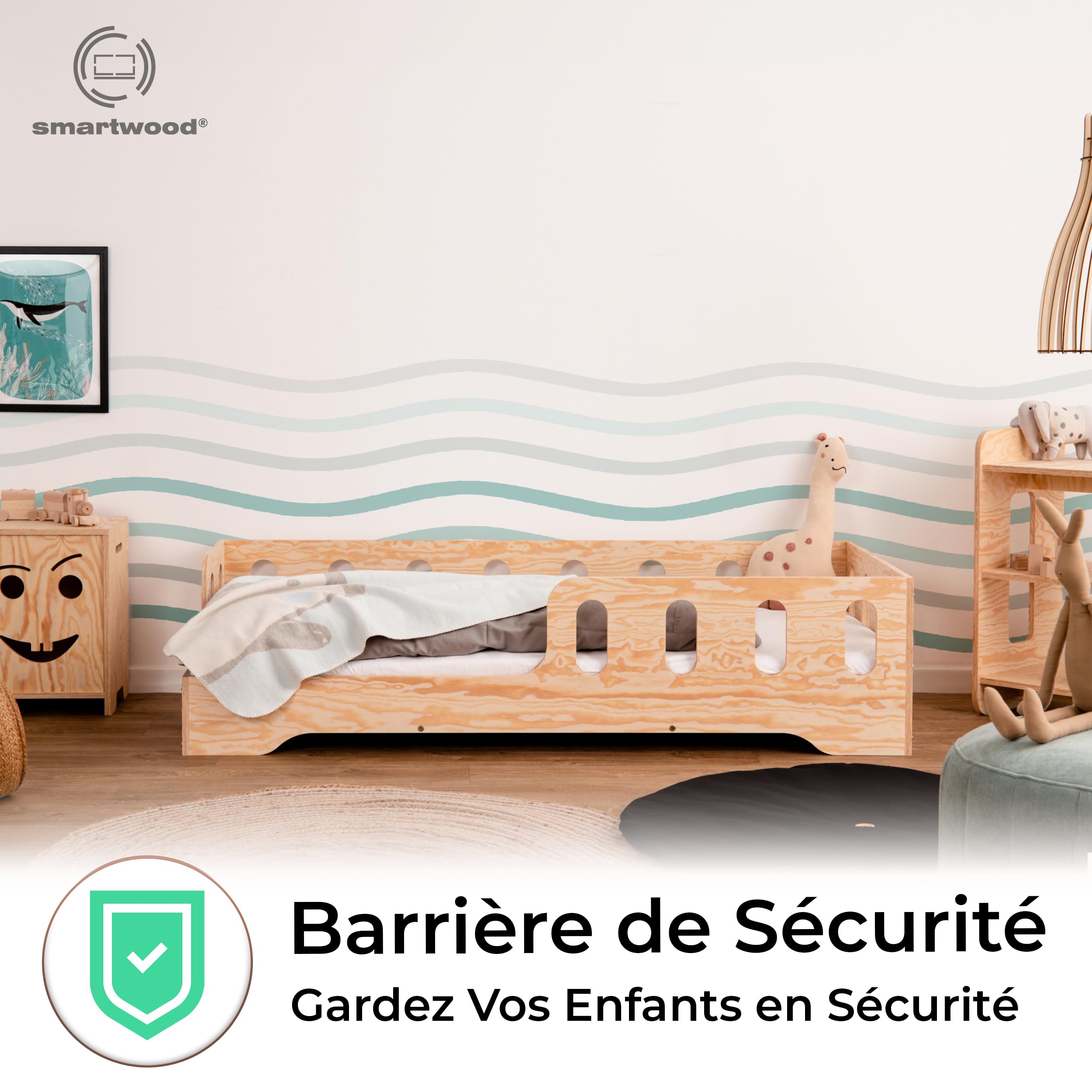 Smartwood Lit Enfant 60x120 avec Sommier Montessori TILA 1L Barrière de Sécurité Bois Naturel Certifié