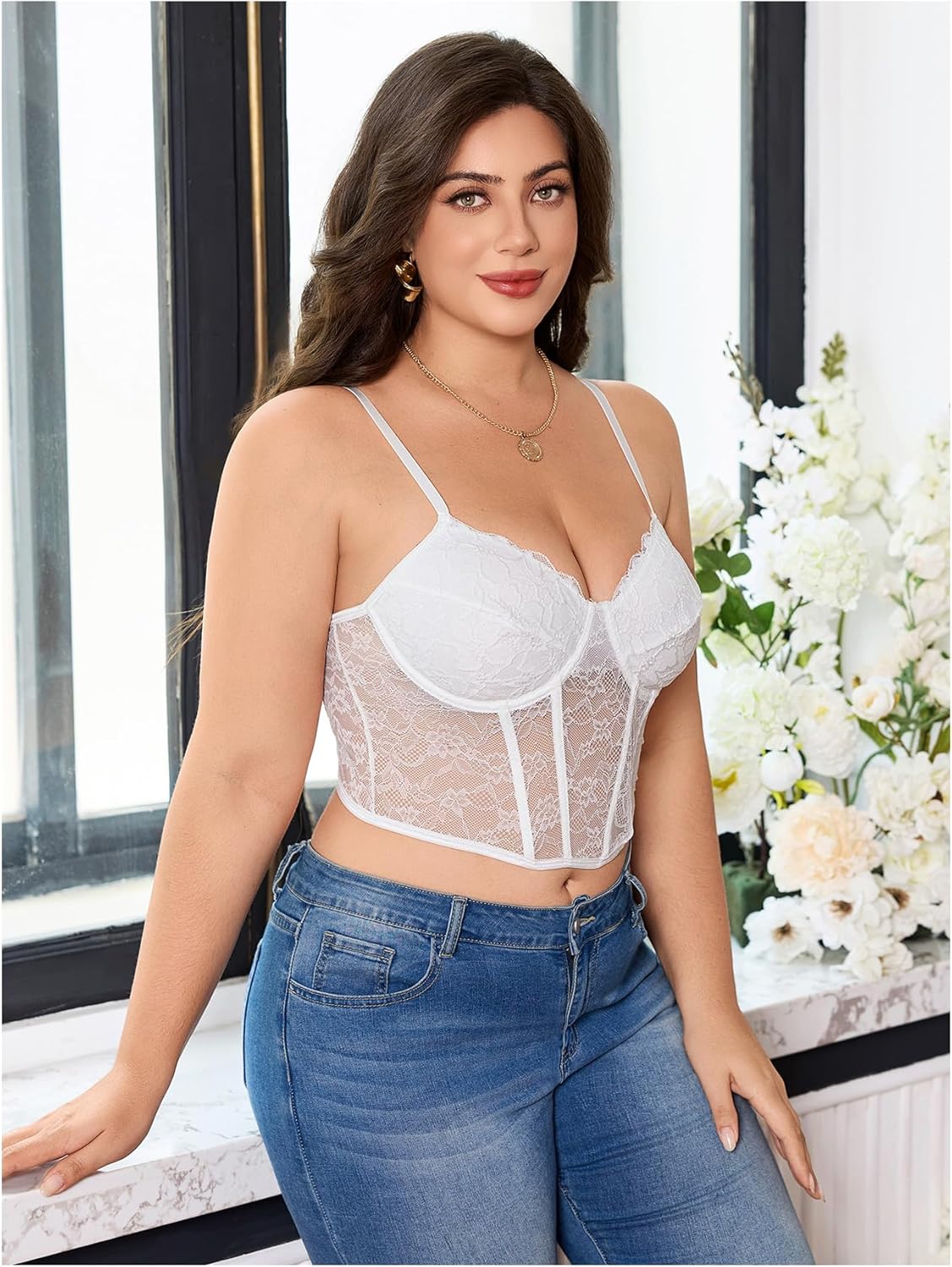 SHENHE Women's Plus Size Lace Bustier Corset Top Spaghetti Strap Sexy Going Out Crop Top Cami - Image 3