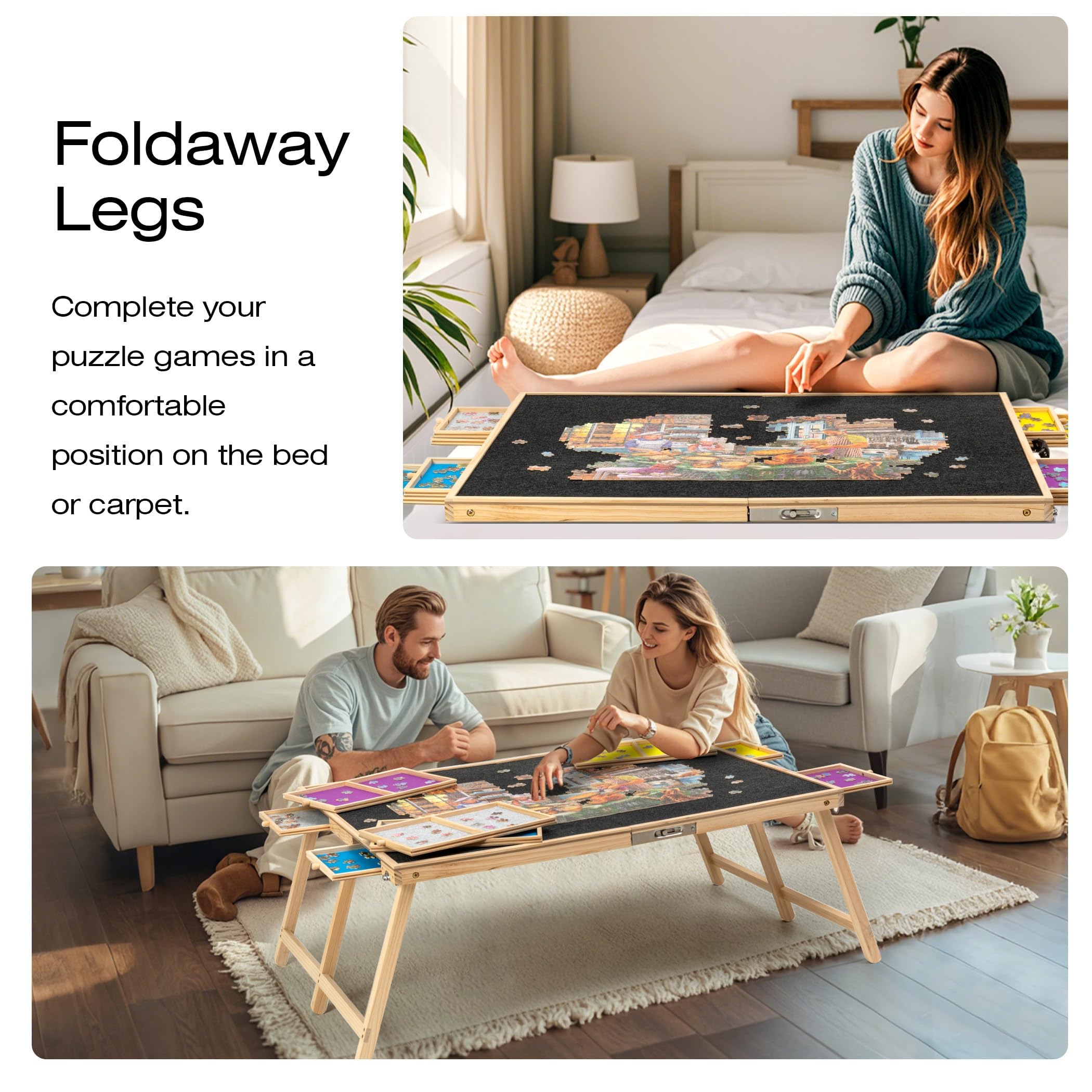 Tektalk 2000 Piece Foldable Puzzle Board with Cover, Wooden Jigsaw Puzzle Table with 8 Drawers, Portable Puzzle Easel with Folding Legs, Portable Puzzle Tables for Adults and Teens - Black