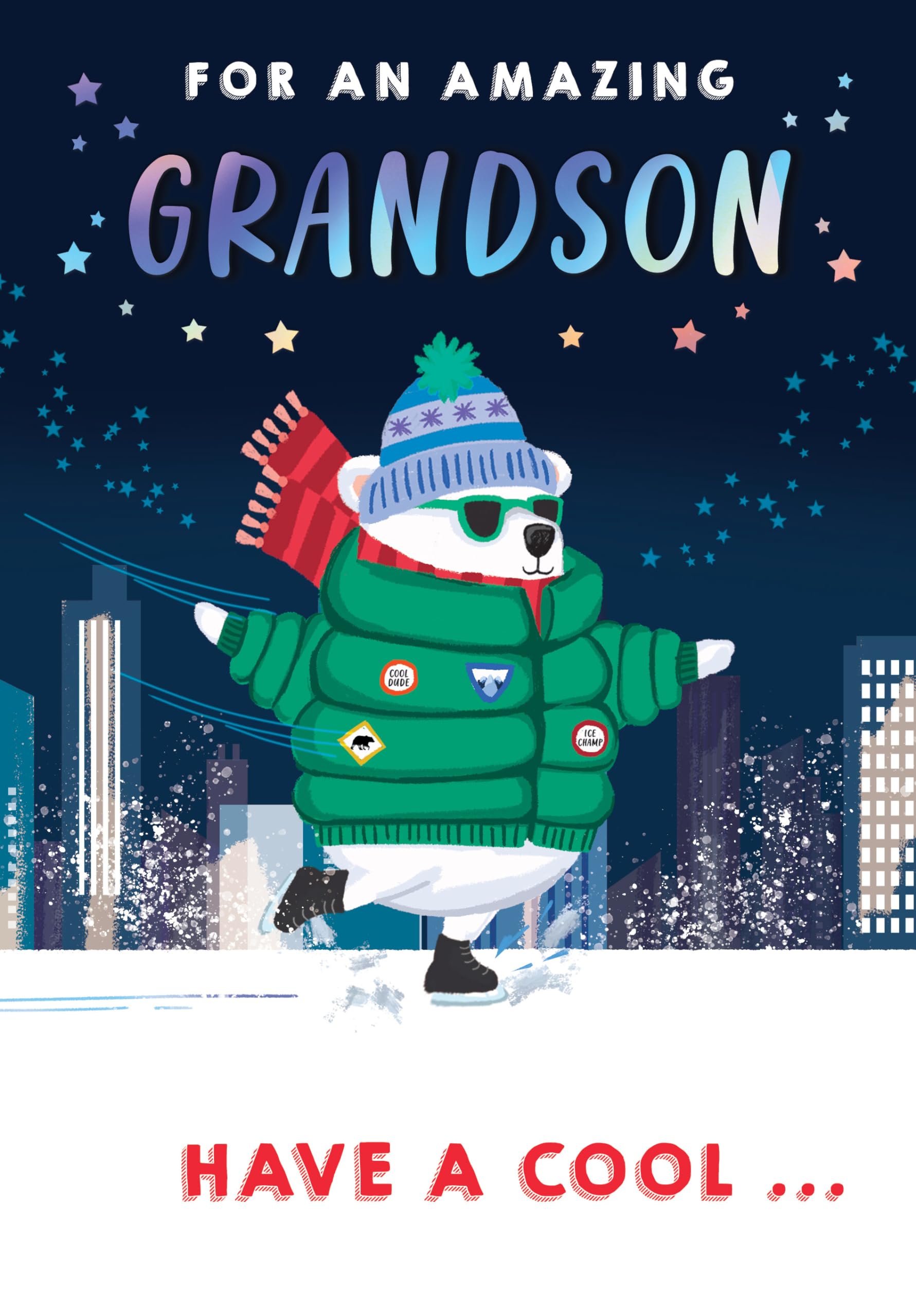 Piccadilly Greetings Character Christmas Card, Grandson, Skater bear - 9 x 6 inches